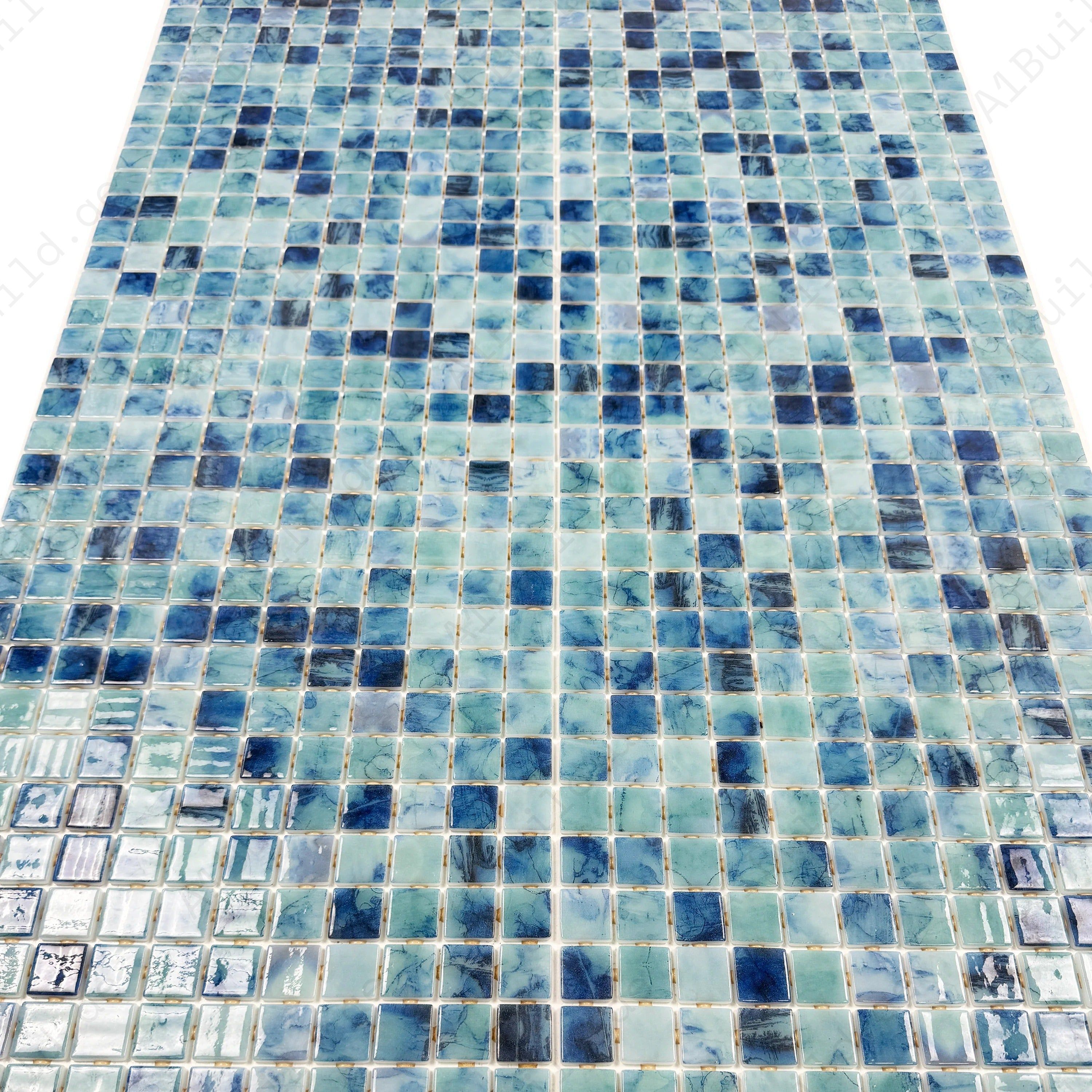 Premium Tiffany & Sapphire Blue recycled glass mosaic with UV, slip & chemical resistance—ideal for pools, spas, water walls & luxury outdoor projects.