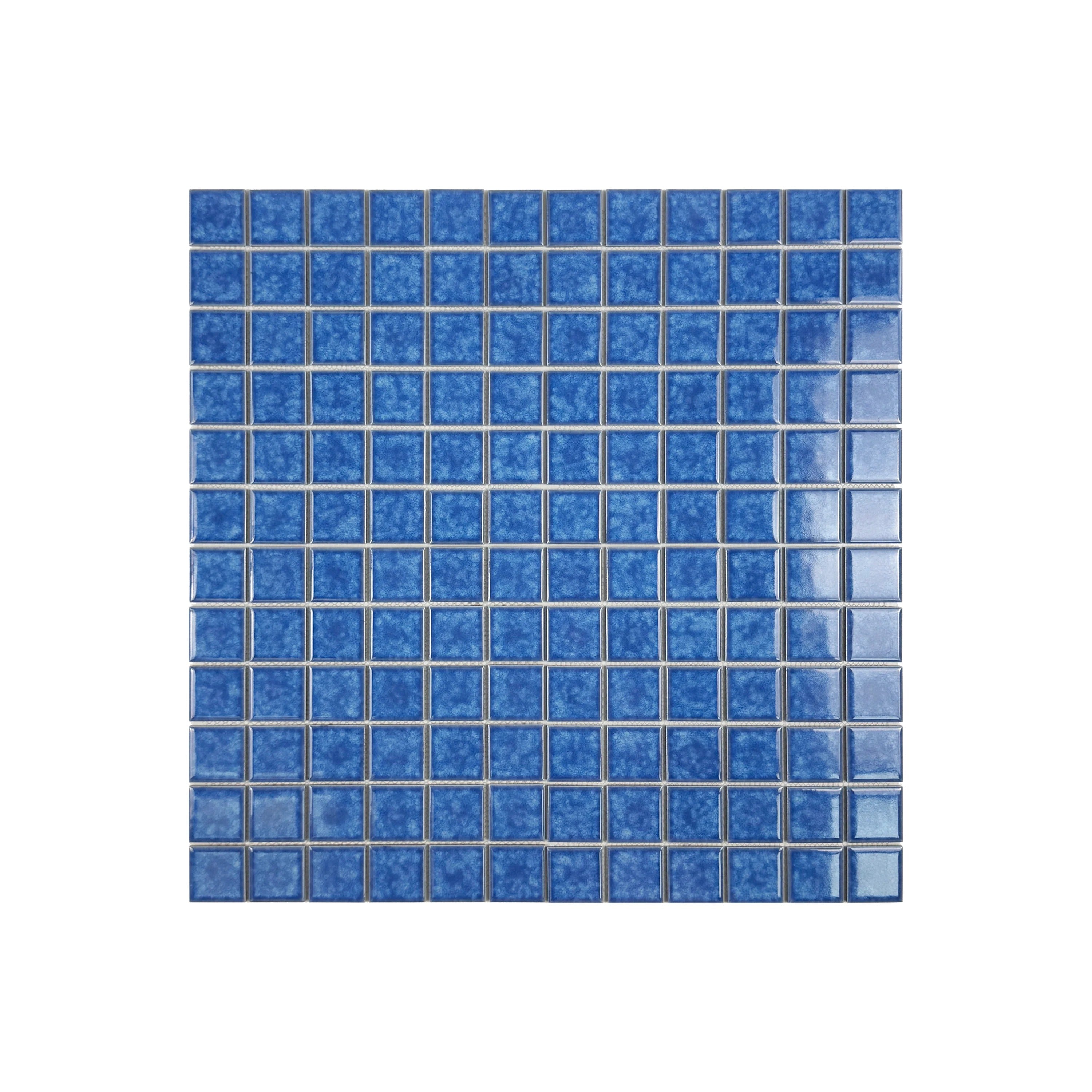 Premium Ultra Marine Blue porcelain mosaic tiles with iced flower texture. Slip-resistant, UV-proof, eco-friendly, ideal for Dubai swimming pools & water features.