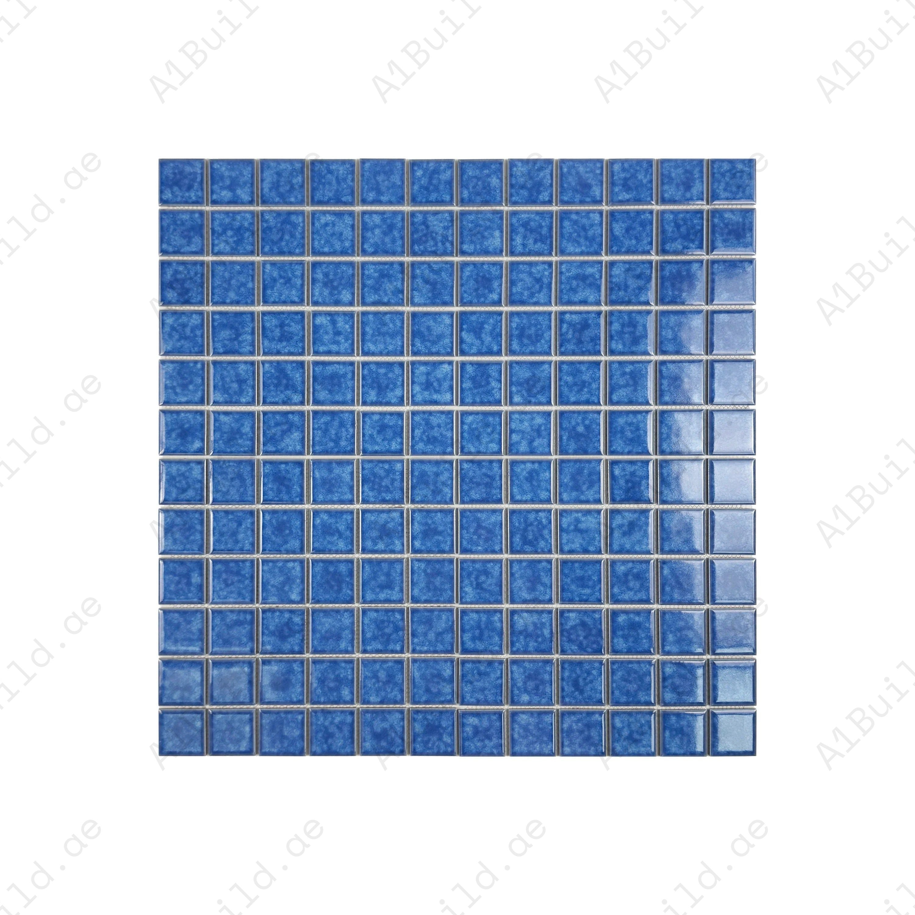 Premium Ultra Marine Blue porcelain mosaic tiles with iced flower texture. Slip-resistant, UV-proof, eco-friendly, ideal for Dubai swimming pools & water features.