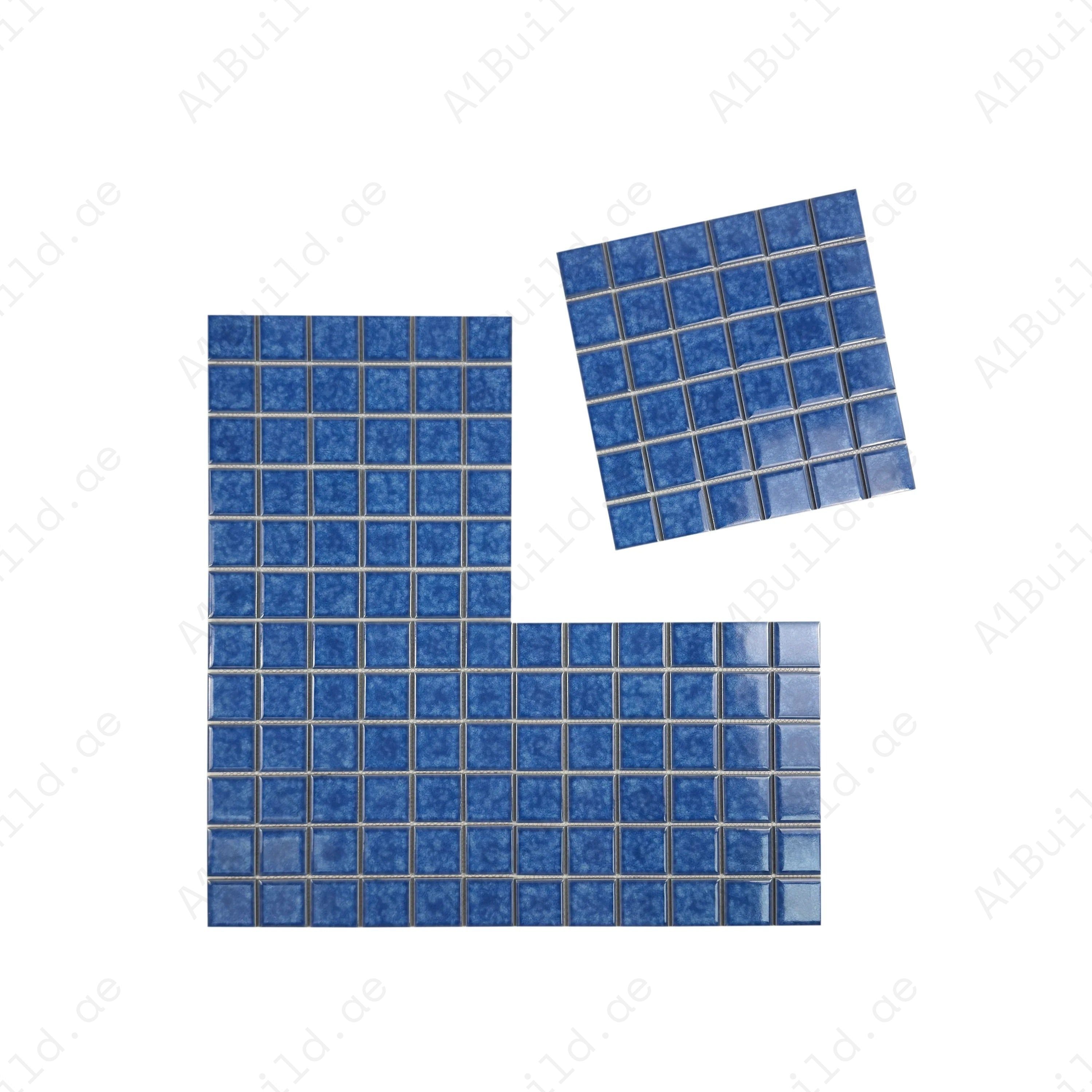 Premium Ultra Marine Blue porcelain mosaic tiles with iced flower texture. Slip-resistant, UV-proof, eco-friendly, ideal for Dubai swimming pools & water features.