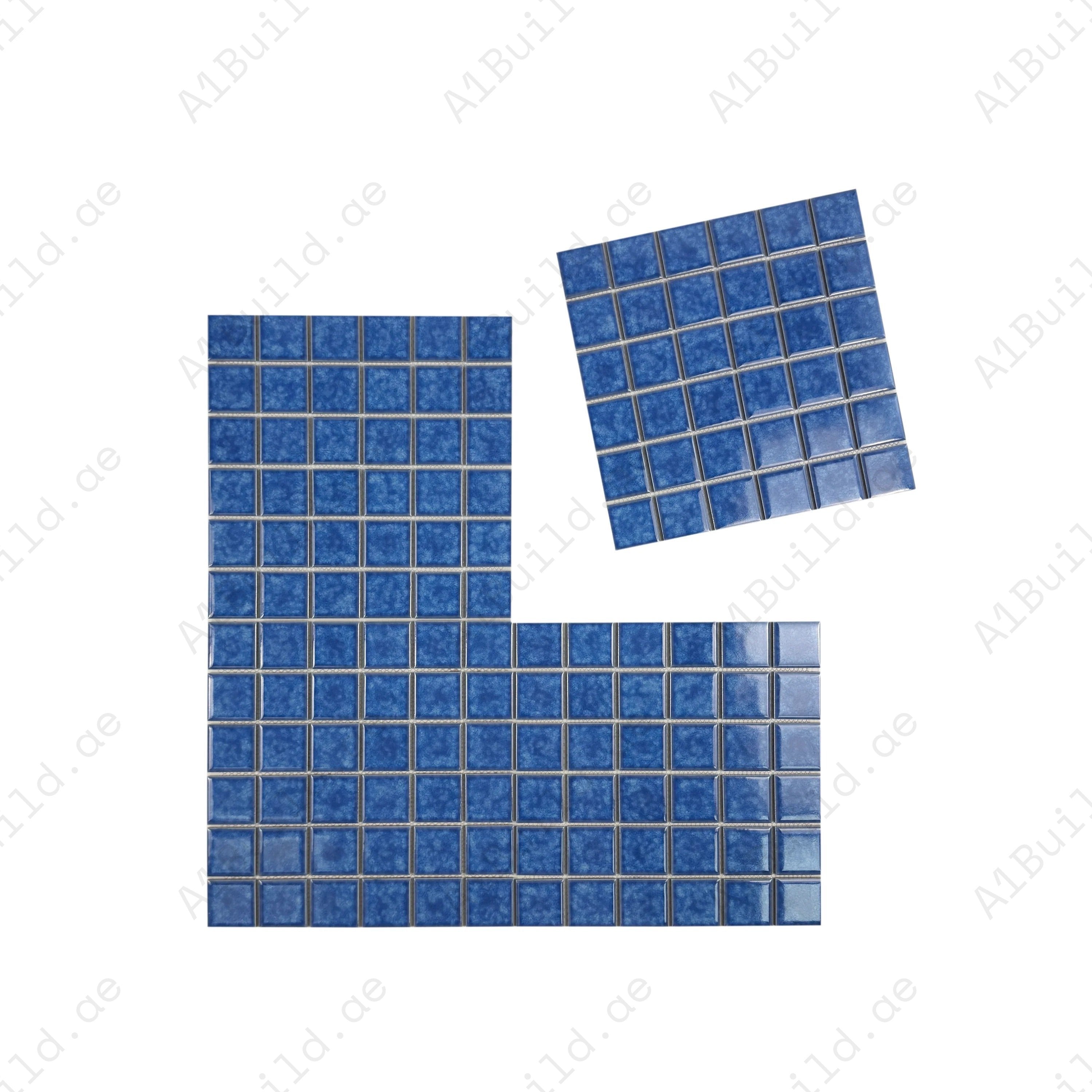 Premium Ultra Marine Blue porcelain mosaic tiles with iced flower texture. Slip-resistant, UV-proof, eco-friendly, ideal for Dubai swimming pools & water features.