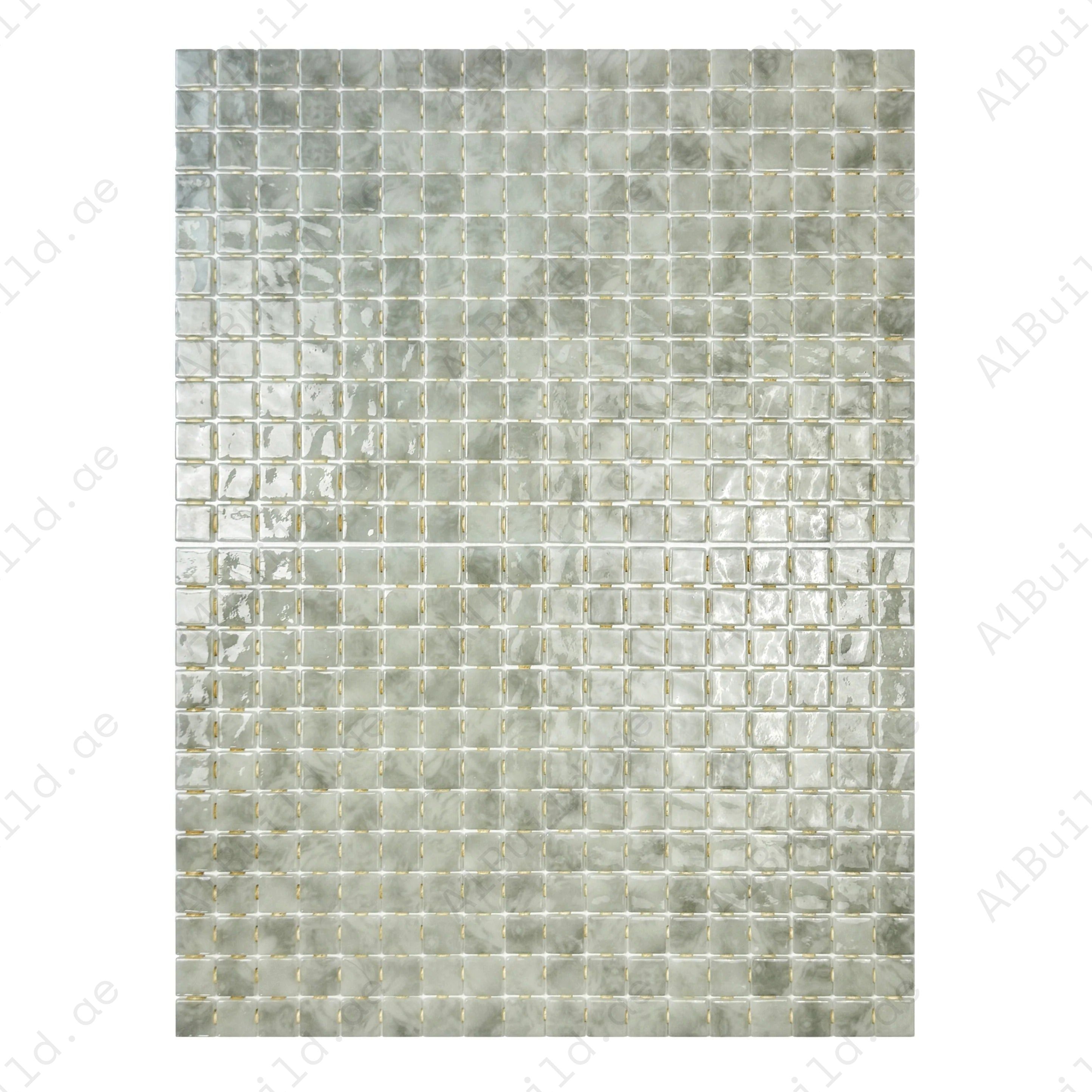 Premium White & Light Grey recycled glass mosaic tiles—UV, slip & chemical-resistant. Ideal for pools, spas, fountains & elegant water features in Dubai.