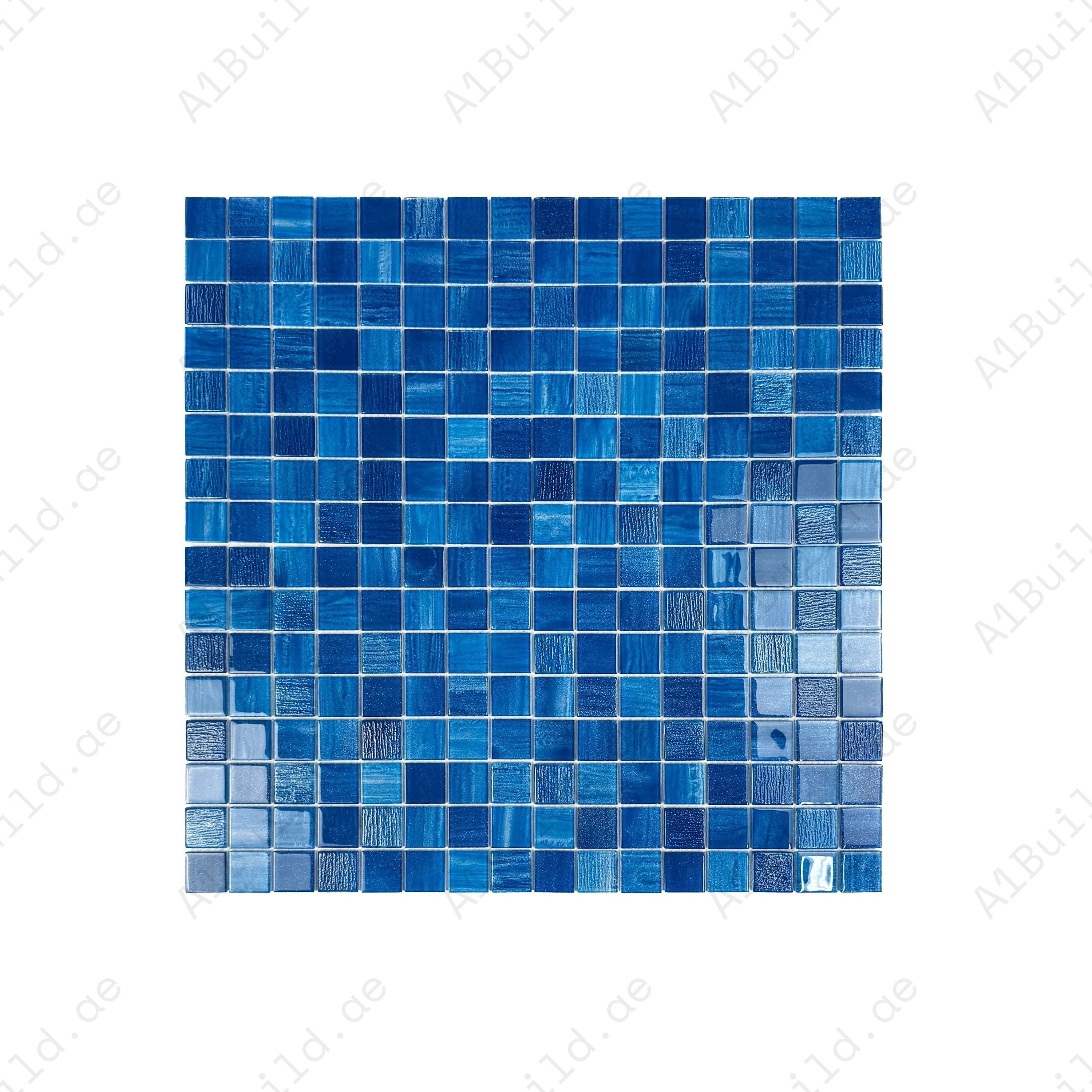 Premium Yale, Sapphire & French Blue glass mosaic pool tile. Durable, slip-resistant, UV-proof, eco-friendly, ideal for Dubai luxury pools, spas, and features.