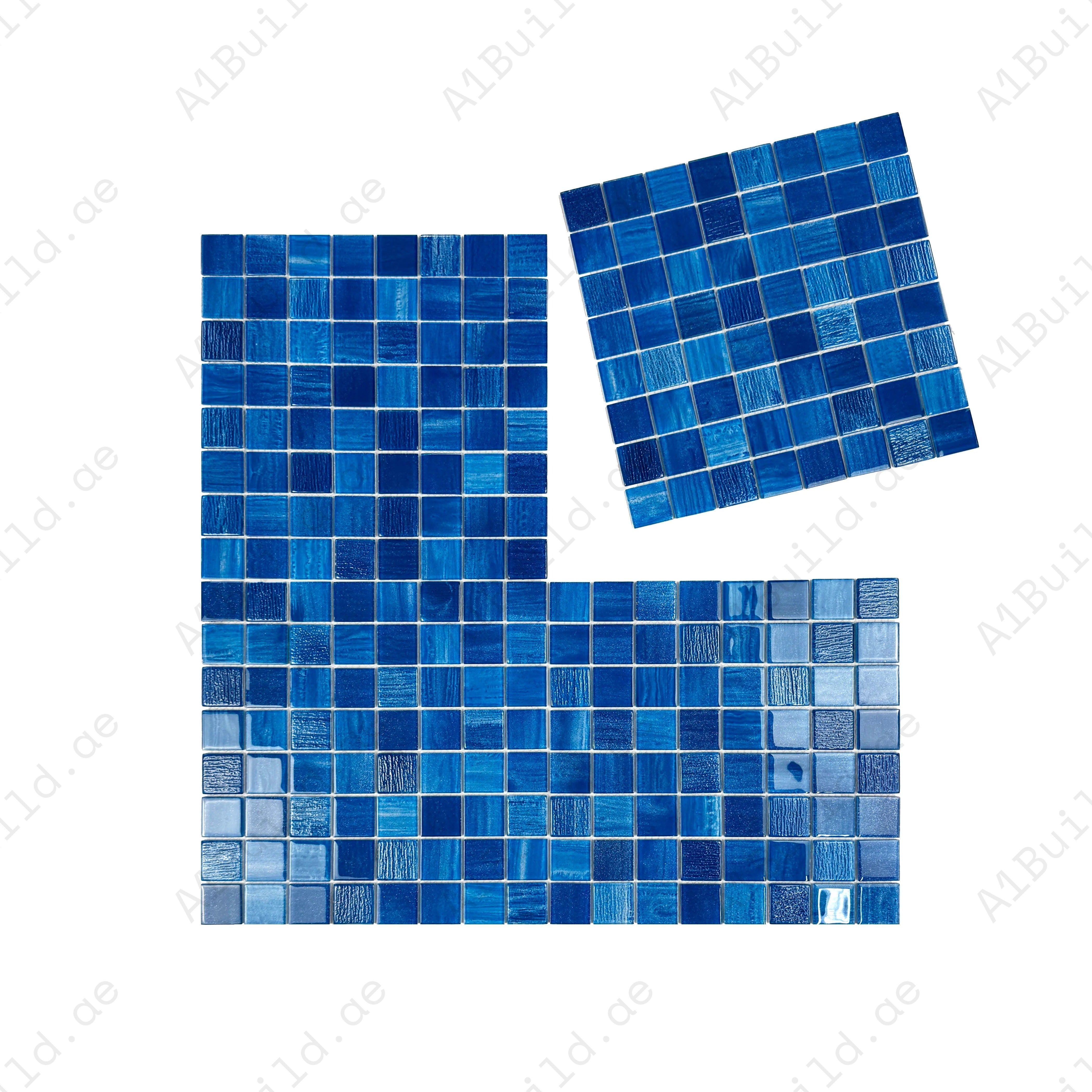 Premium Yale, Sapphire & French Blue glass mosaic pool tile. Durable, slip-resistant, UV-proof, eco-friendly, ideal for Dubai luxury pools, spas, and features.