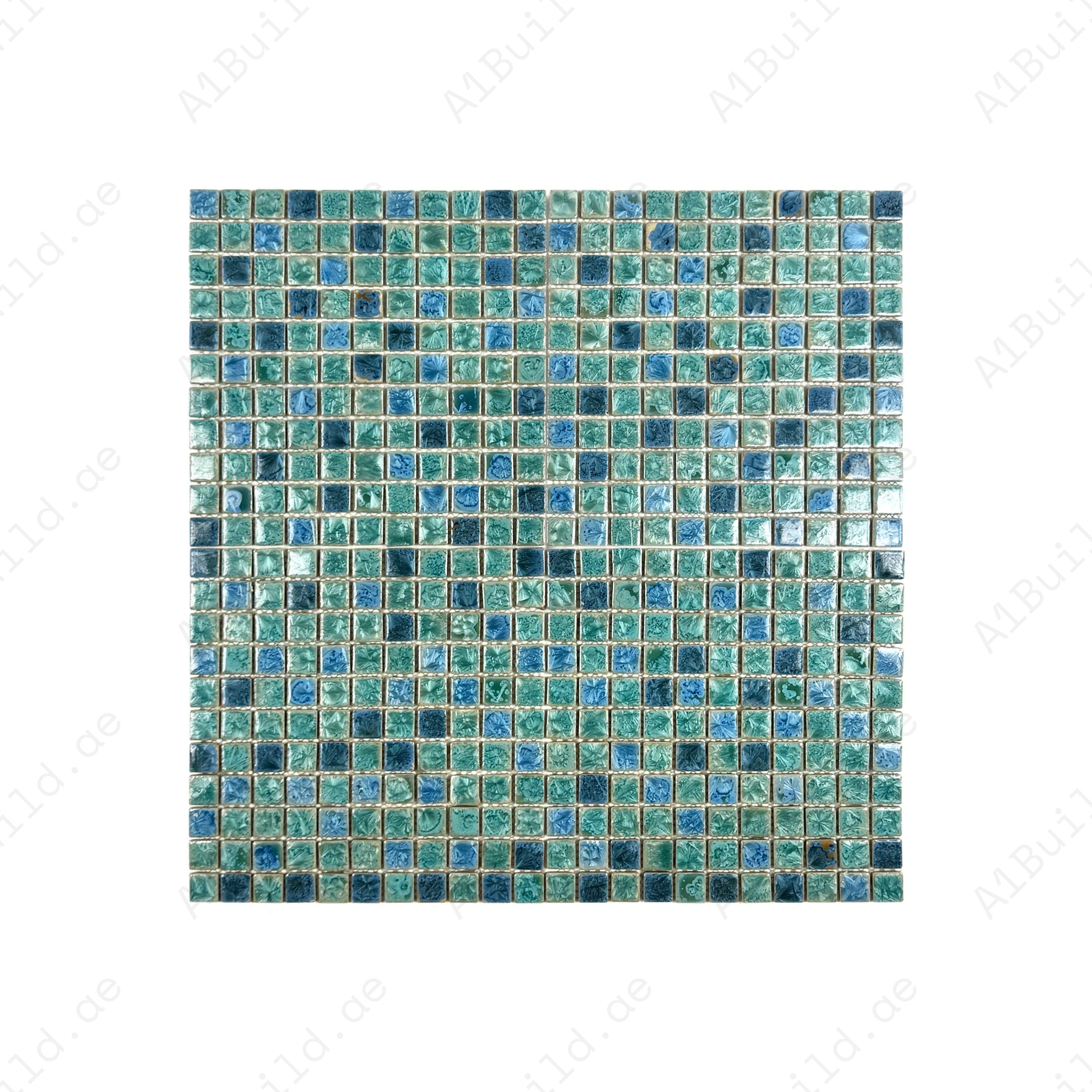 Premium blue mixed porcelain mosaic with ice crack texture. Durable, slip-resistant, perfect for walls, backsplashes, and decorative interior accents.