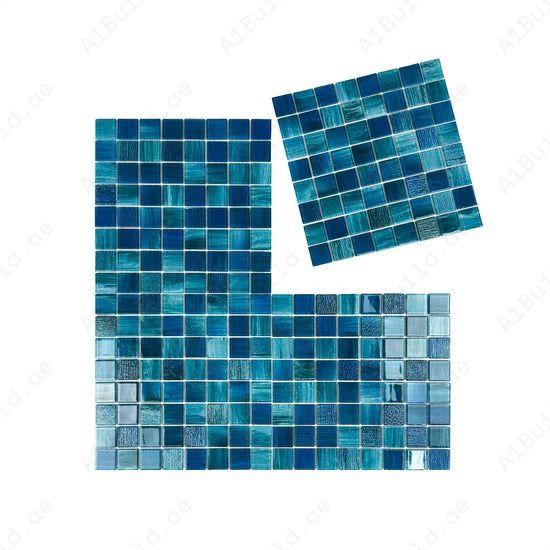 Premium glass mosaic pool tile in Tiffany, French & Sapphire Blue. Durable, slip-resistant, UV-stable, eco-friendly, perfect for Dubai pools, spas, and features.
