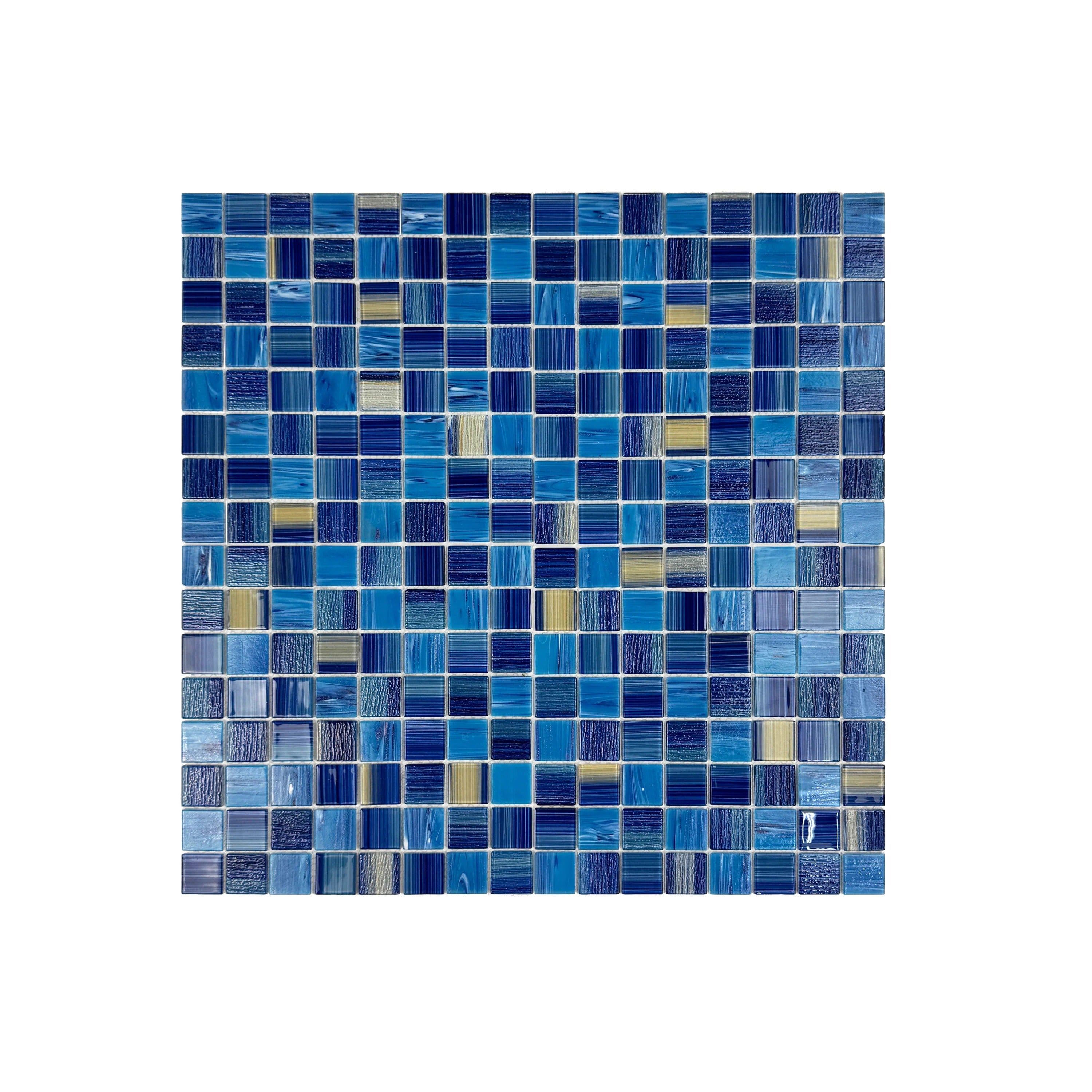 Premium glass mosaic pool tile in light, navy, and golden mix. Slip-resistant, UV-proof, eco-friendly, perfect for luxury pools, spas, and feature walls in Dubai.