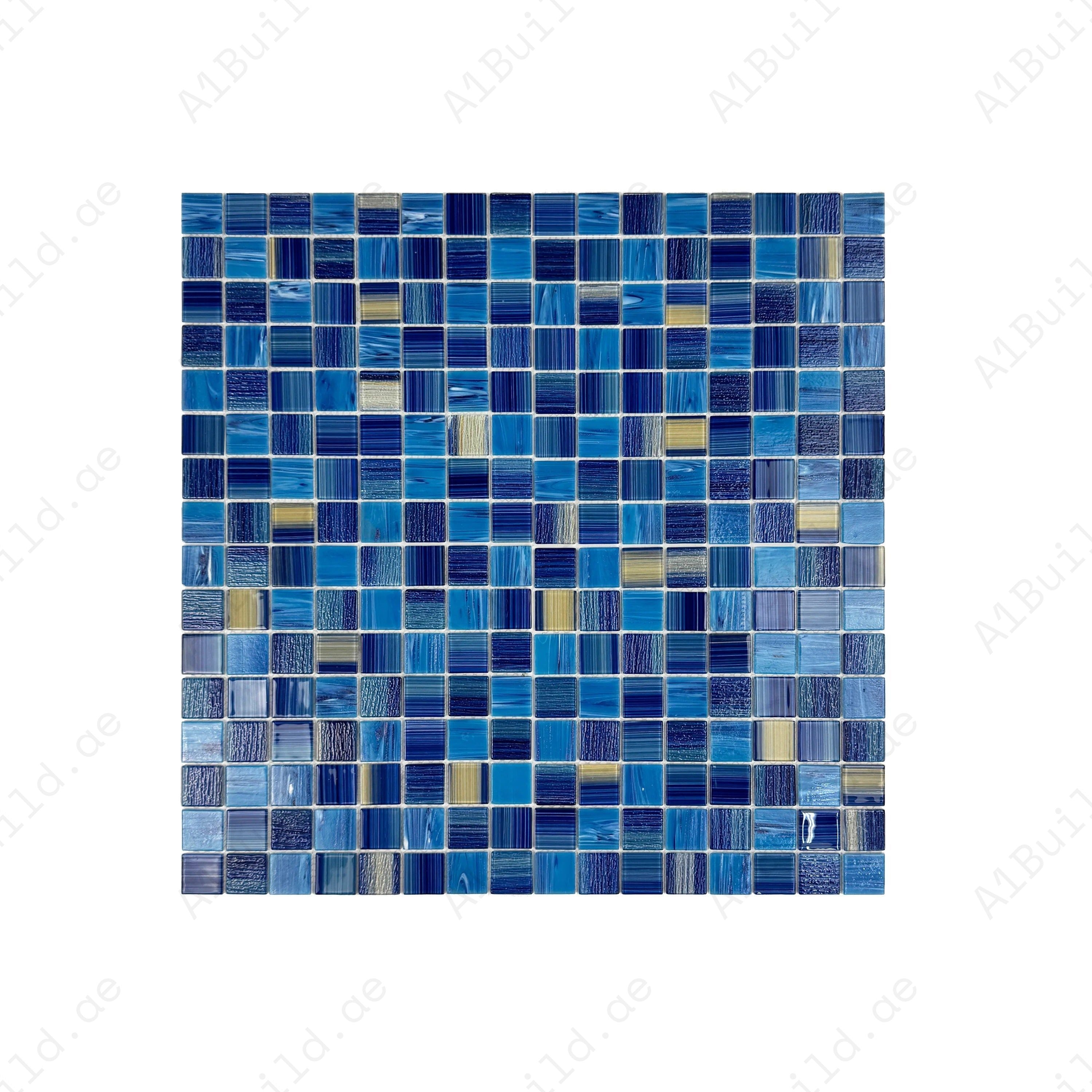 Premium glass mosaic pool tile in light, navy, and golden mix. Slip-resistant, UV-proof, eco-friendly, perfect for luxury pools, spas, and feature walls in Dubai.