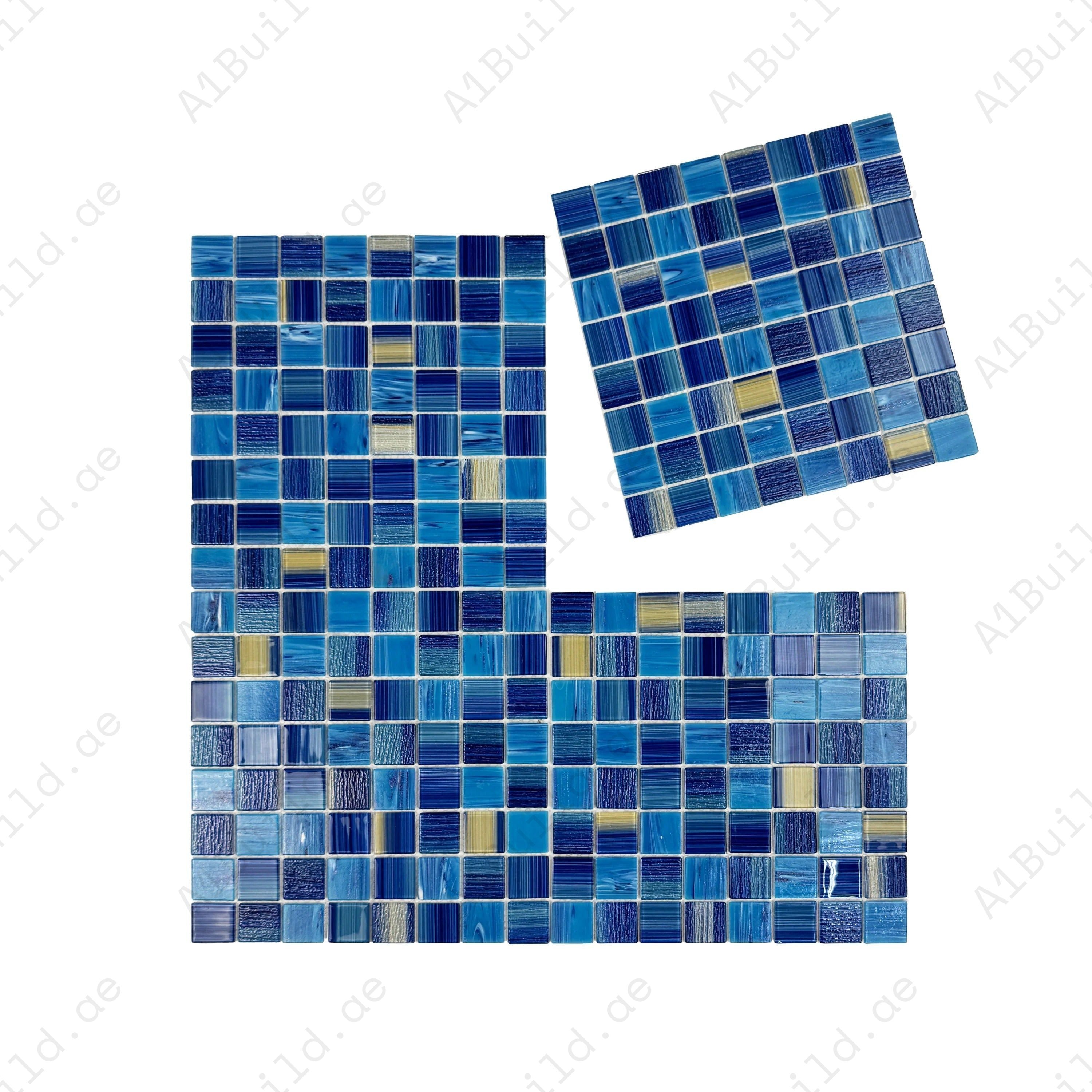 Premium glass mosaic pool tile in light, navy, and golden mix. Slip-resistant, UV-proof, eco-friendly, perfect for luxury pools, spas, and feature walls in Dubai.