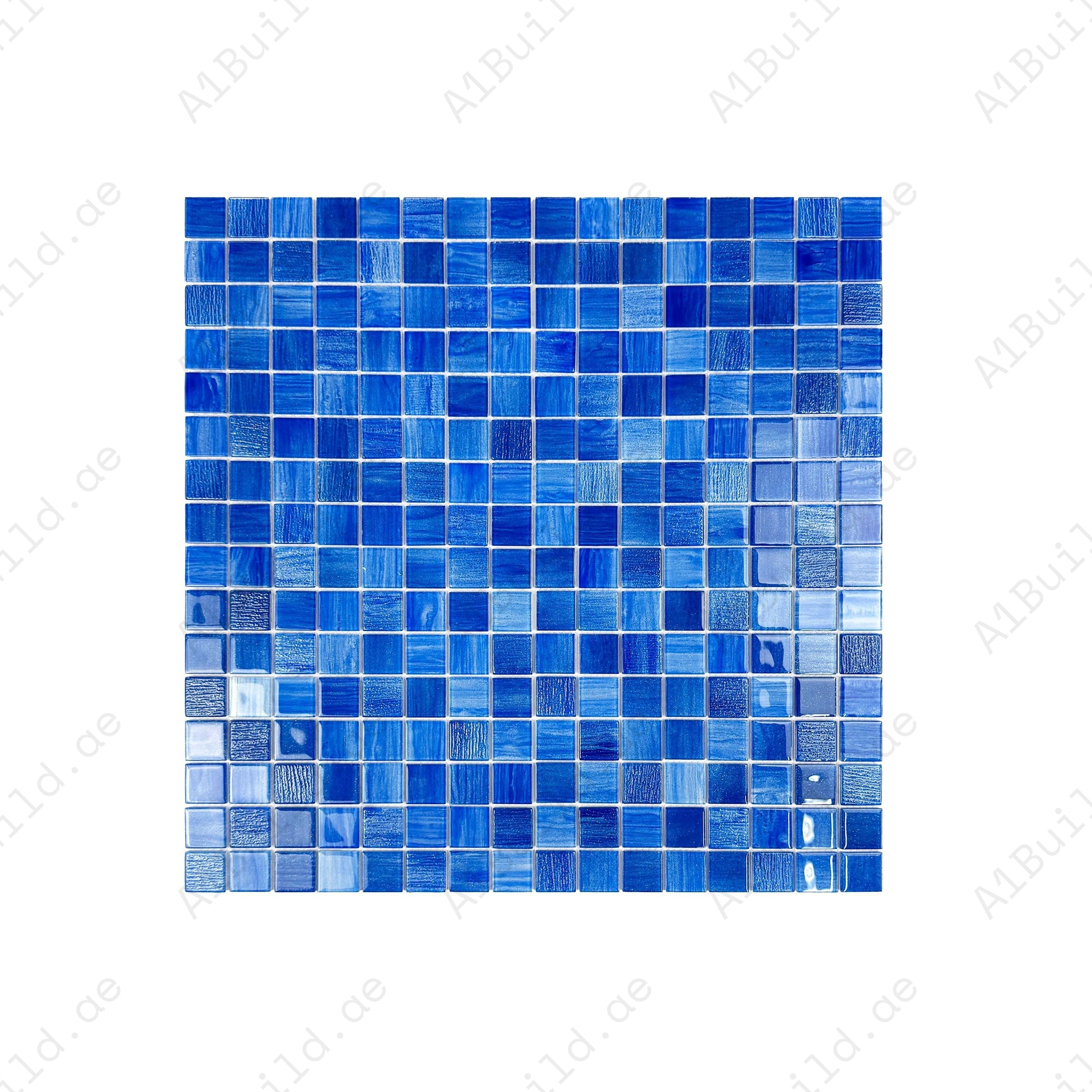 Premium glass mosaic pool tile in loyal, navy & neon blue. Durable, slip-resistant, UV-stable, and eco-friendly for Dubai luxury pools, spas, and features.