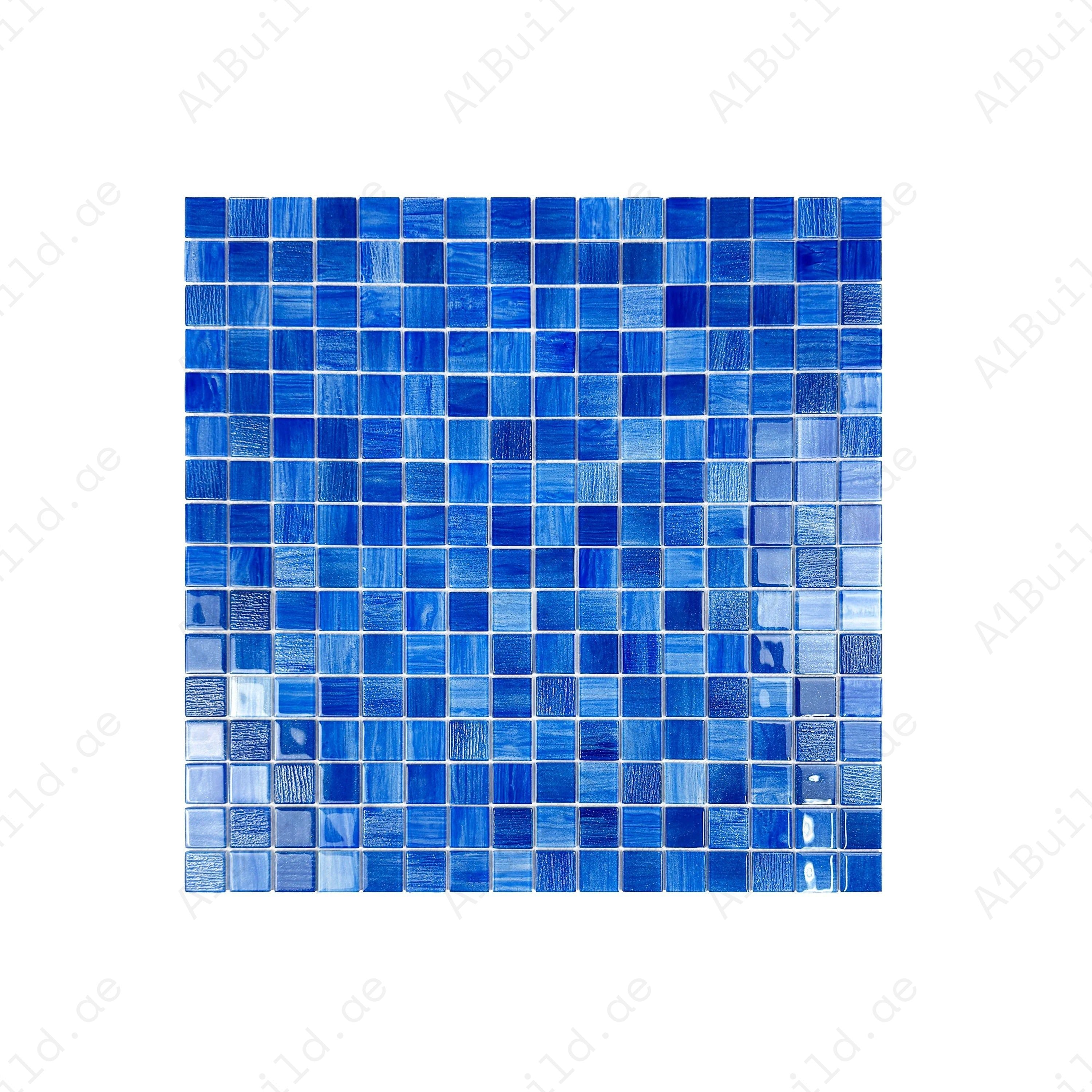 Premium glass mosaic pool tile in loyal, navy & neon blue. Durable, slip-resistant, UV-stable, and eco-friendly for Dubai luxury pools, spas, and features.