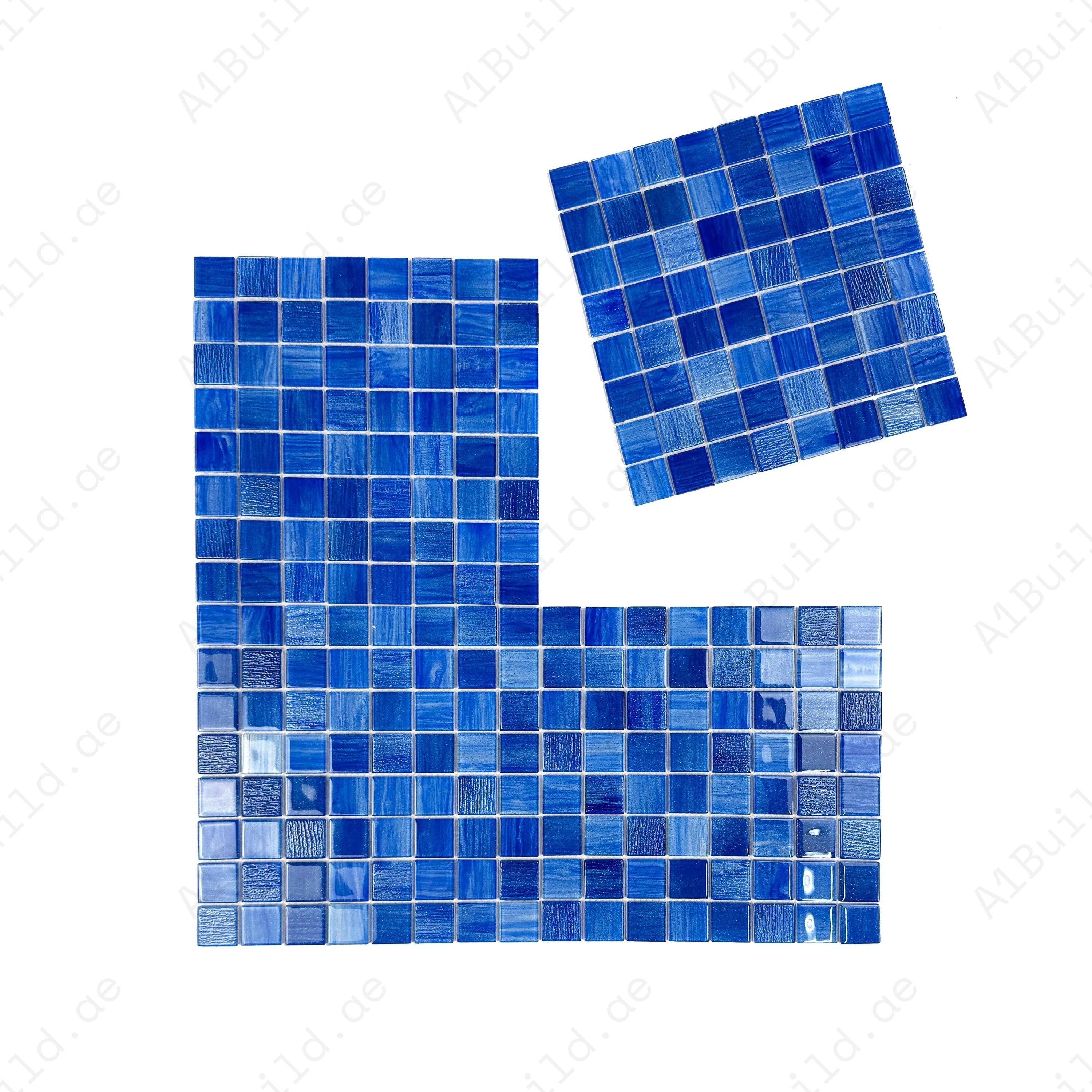 Premium glass mosaic pool tile in loyal, navy & neon blue. Durable, slip-resistant, UV-stable, and eco-friendly for Dubai luxury pools, spas, and features.