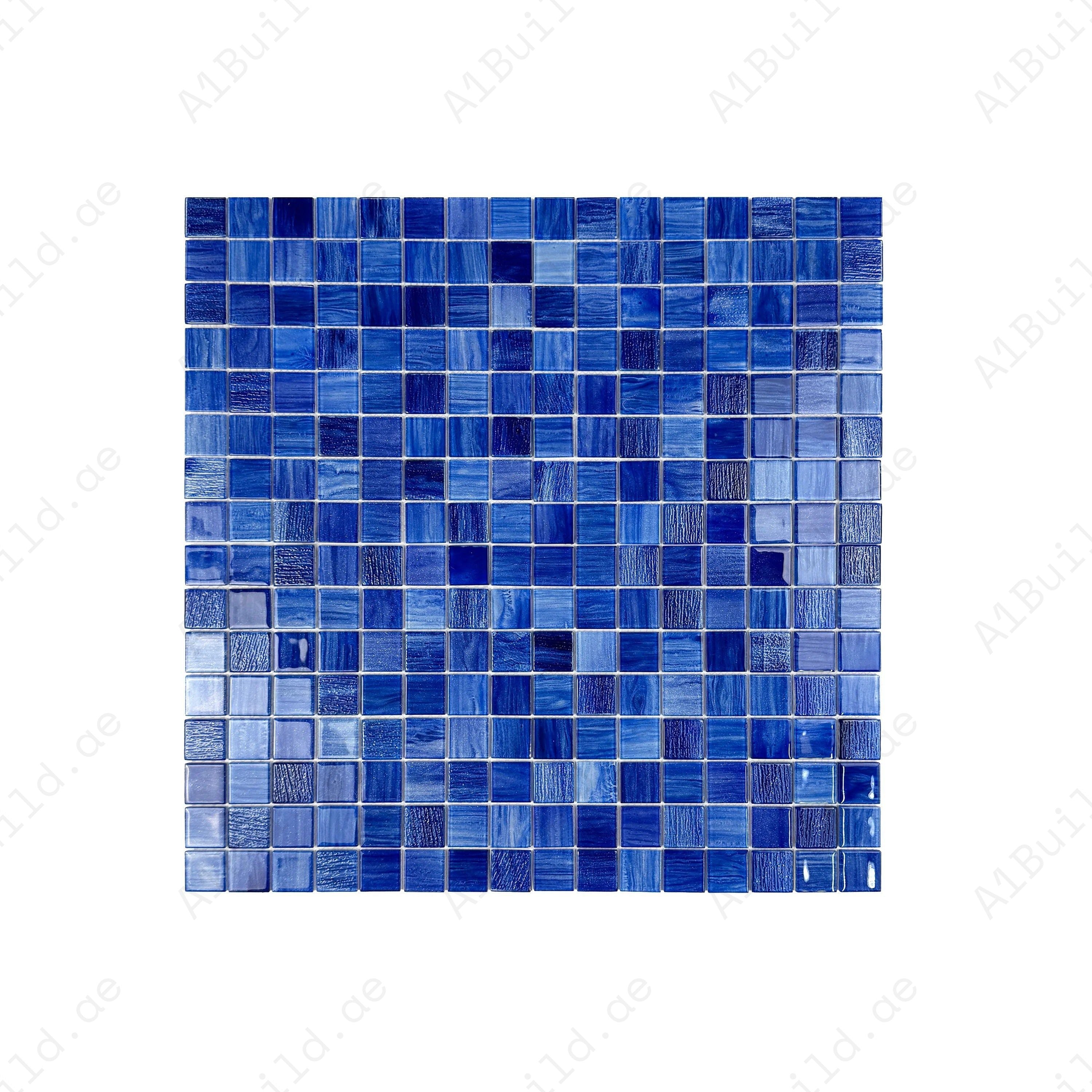 Premium glass mosaic pool tile in might-night, loyal, navy & neon blue. Durable, slip-resistant, UV-stable, eco-friendly for Dubai pools, spas, and features.