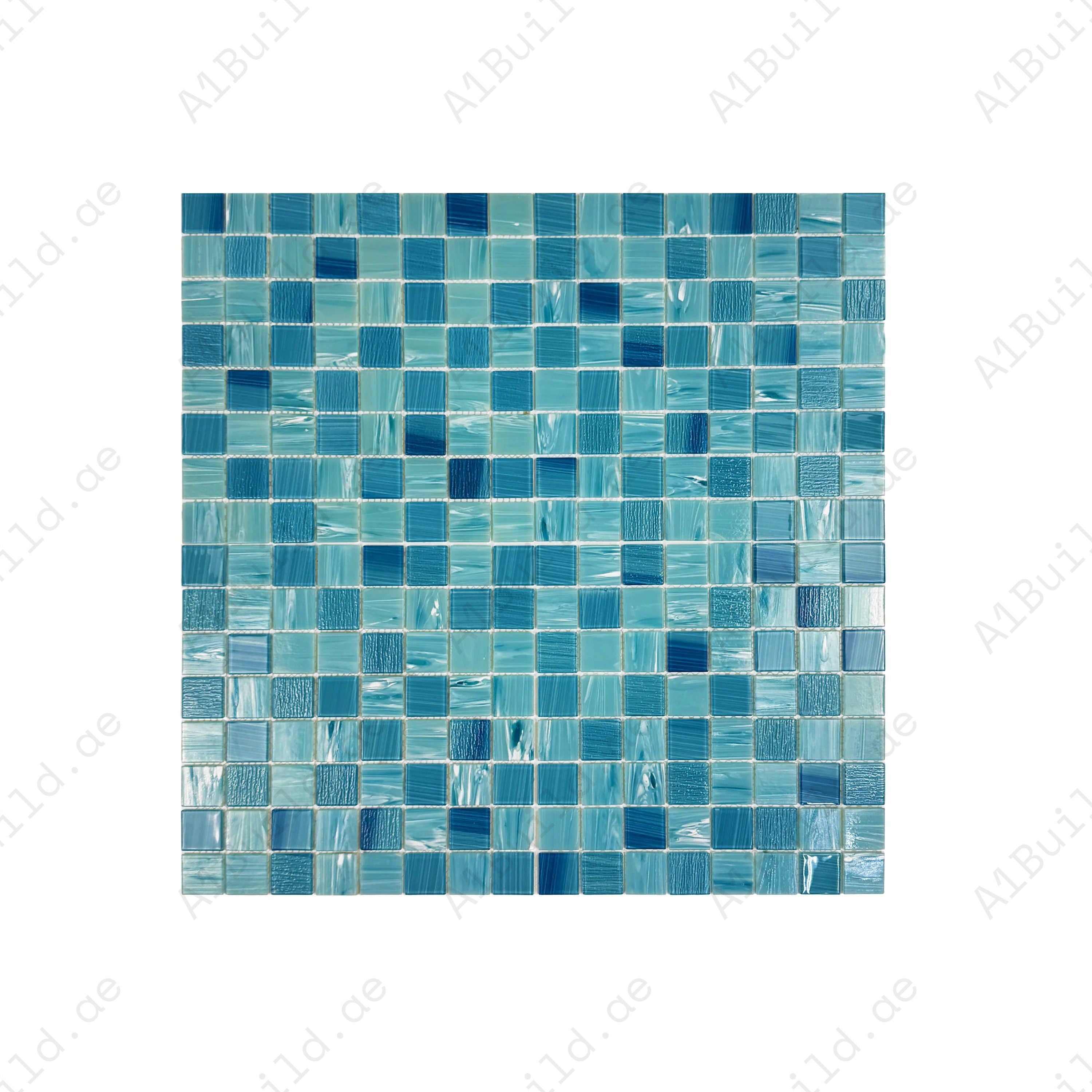 Premium glass mosaic pool tile in sky & French blue. Durable, slip-resistant, UV-stable, eco-friendly, perfect for Dubai luxury pools, spas, and features.