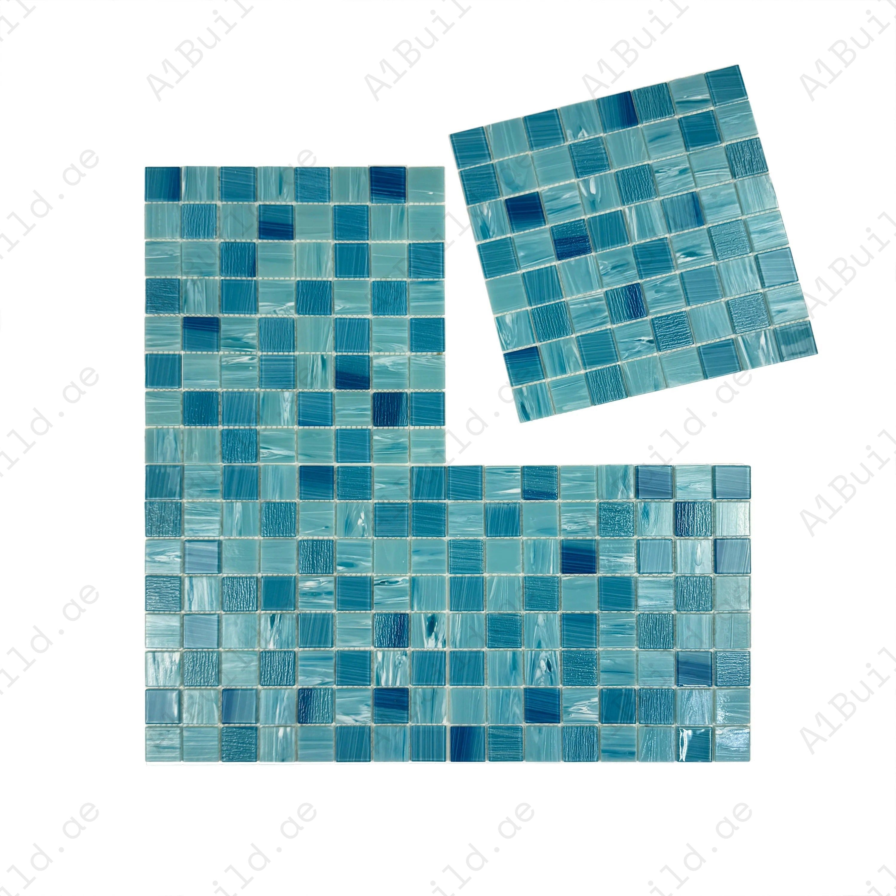 Premium glass mosaic pool tile in sky & French blue. Durable, slip-resistant, UV-stable, eco-friendly, perfect for Dubai luxury pools, spas, and features.