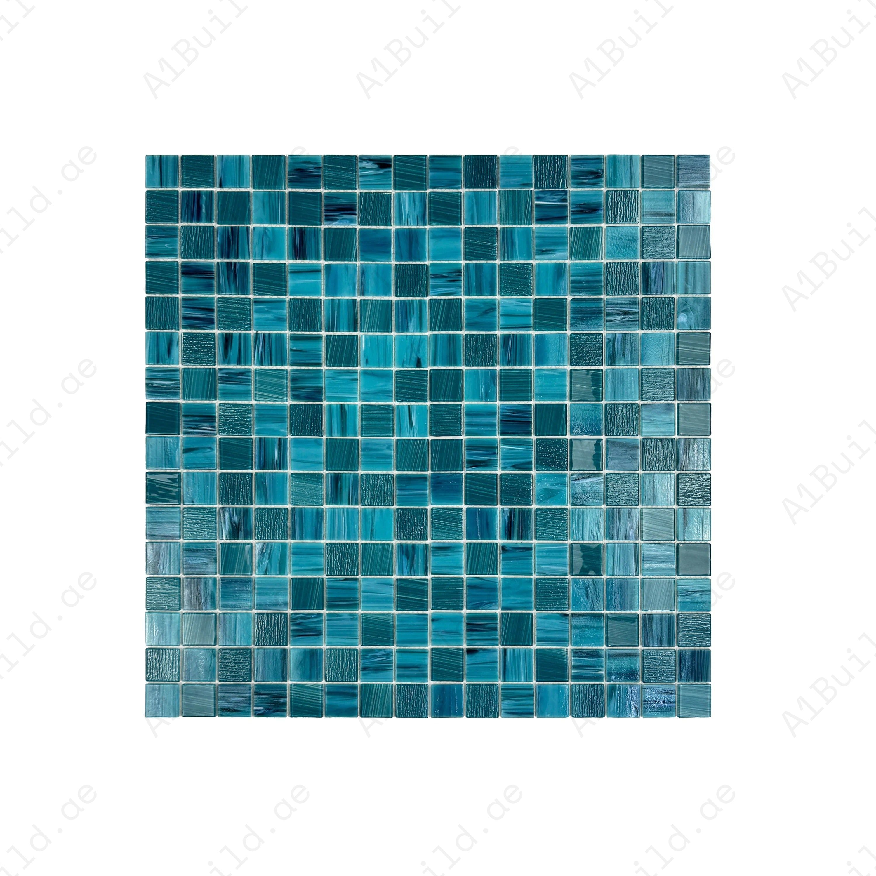 Premium glass mosaic pool tile in teal blue. Durable, slip-resistant, UV-stable, eco-friendly, perfect for Dubai luxury pools, spas, and feature walls.