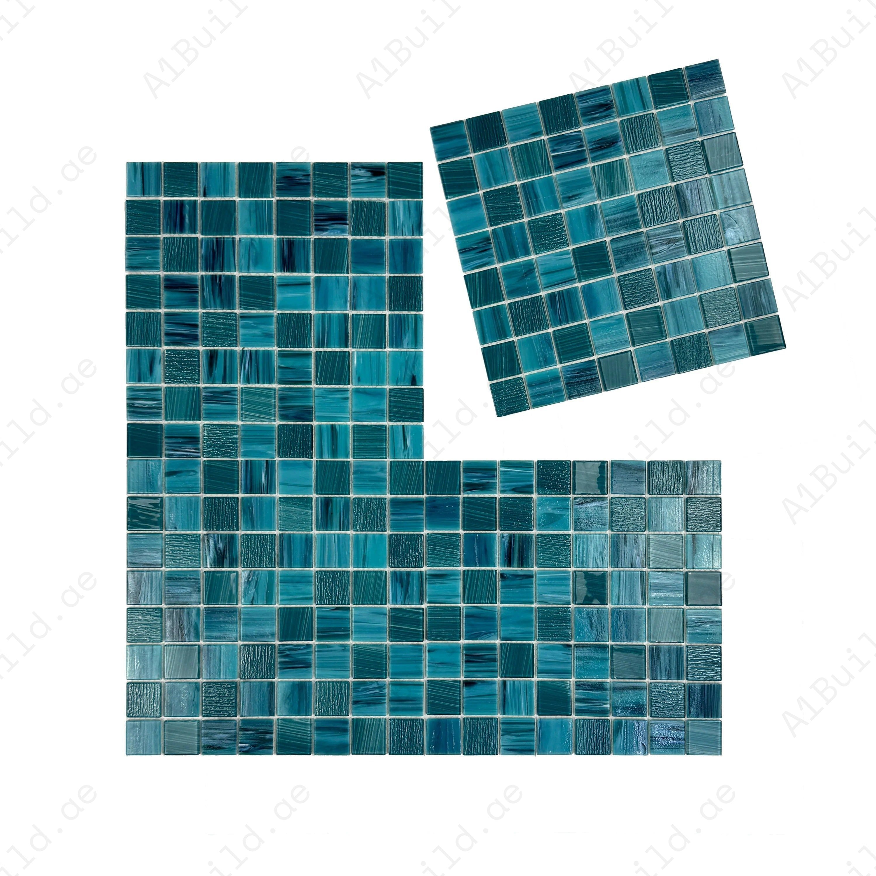 Premium glass mosaic pool tile in teal blue. Durable, slip-resistant, UV-stable, eco-friendly, perfect for Dubai luxury pools, spas, and feature walls.
