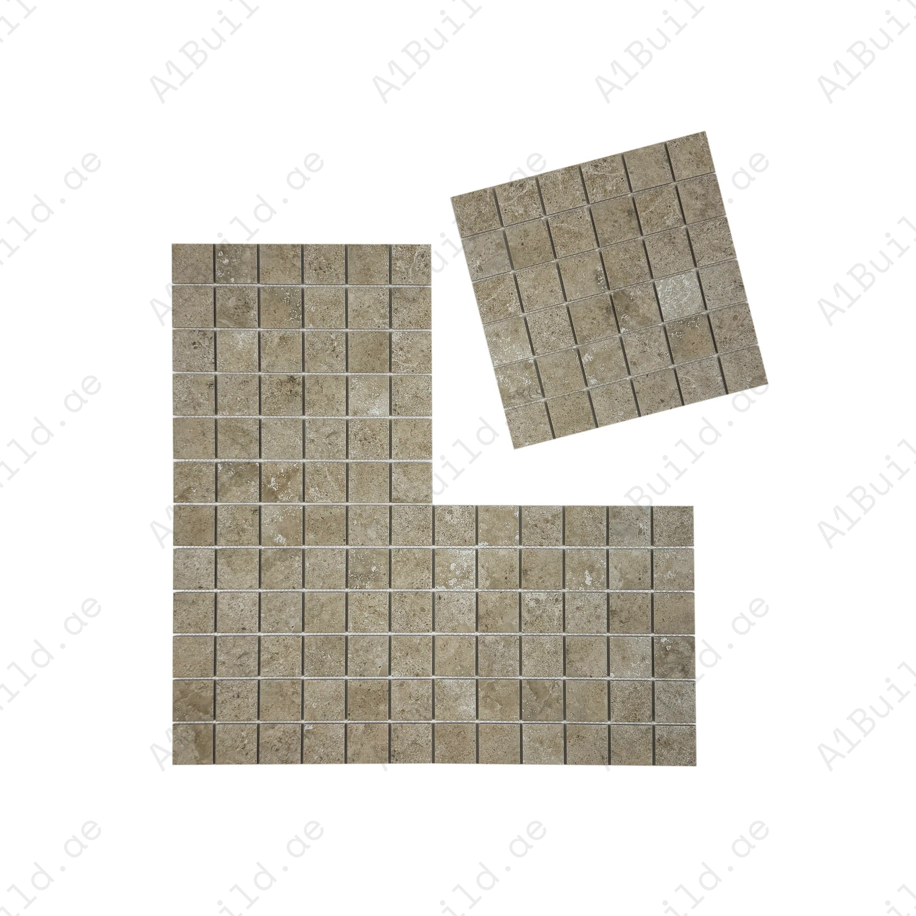 Premium medium beige porcelain mosaic tiles for Dubai pools and spas. Slip-resistant, UV-stable, eco-friendly, designed for lasting style, safety, and durability.