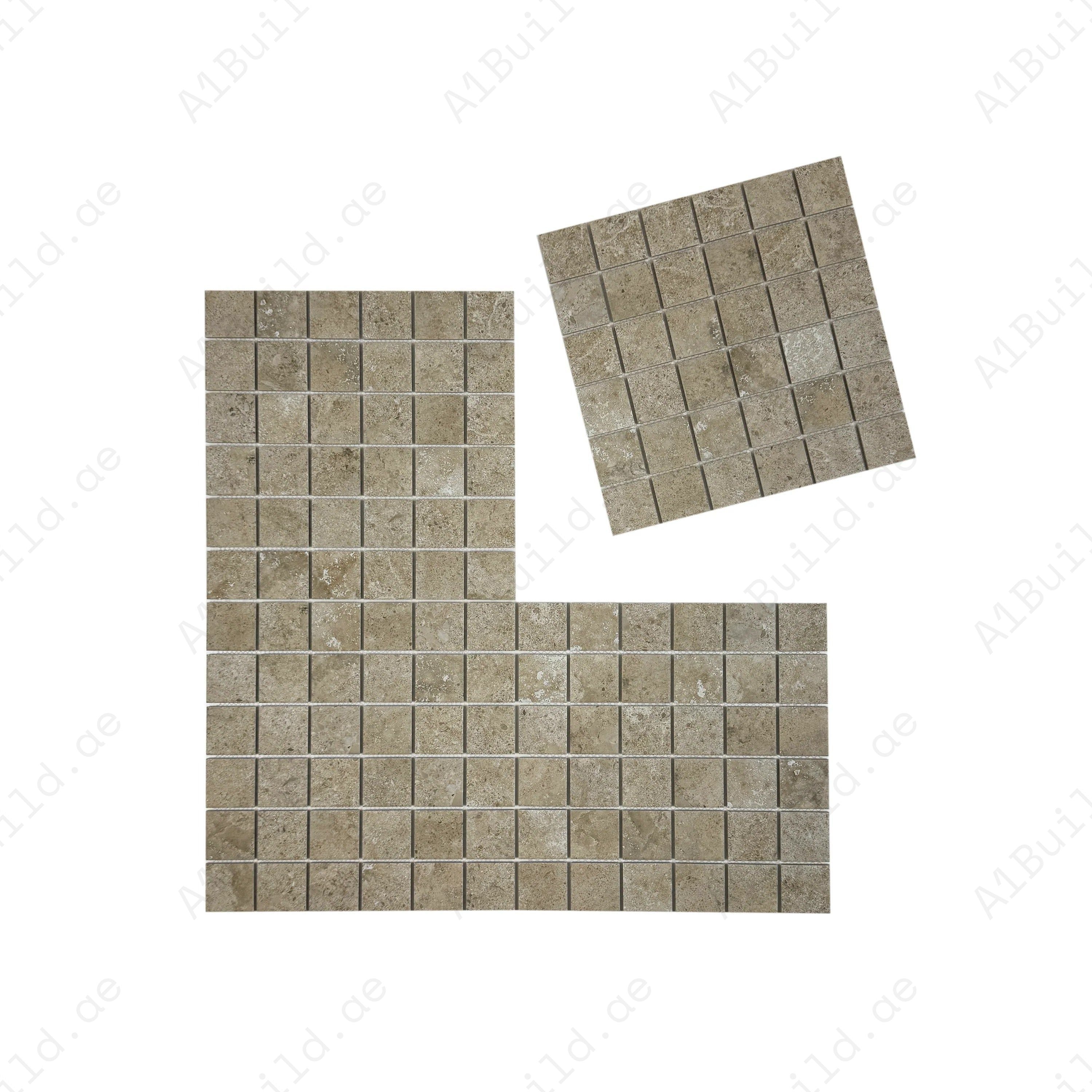 Premium medium beige porcelain mosaic tiles for Dubai pools and spas. Slip-resistant, UV-stable, eco-friendly, designed for lasting style, safety, and durability.