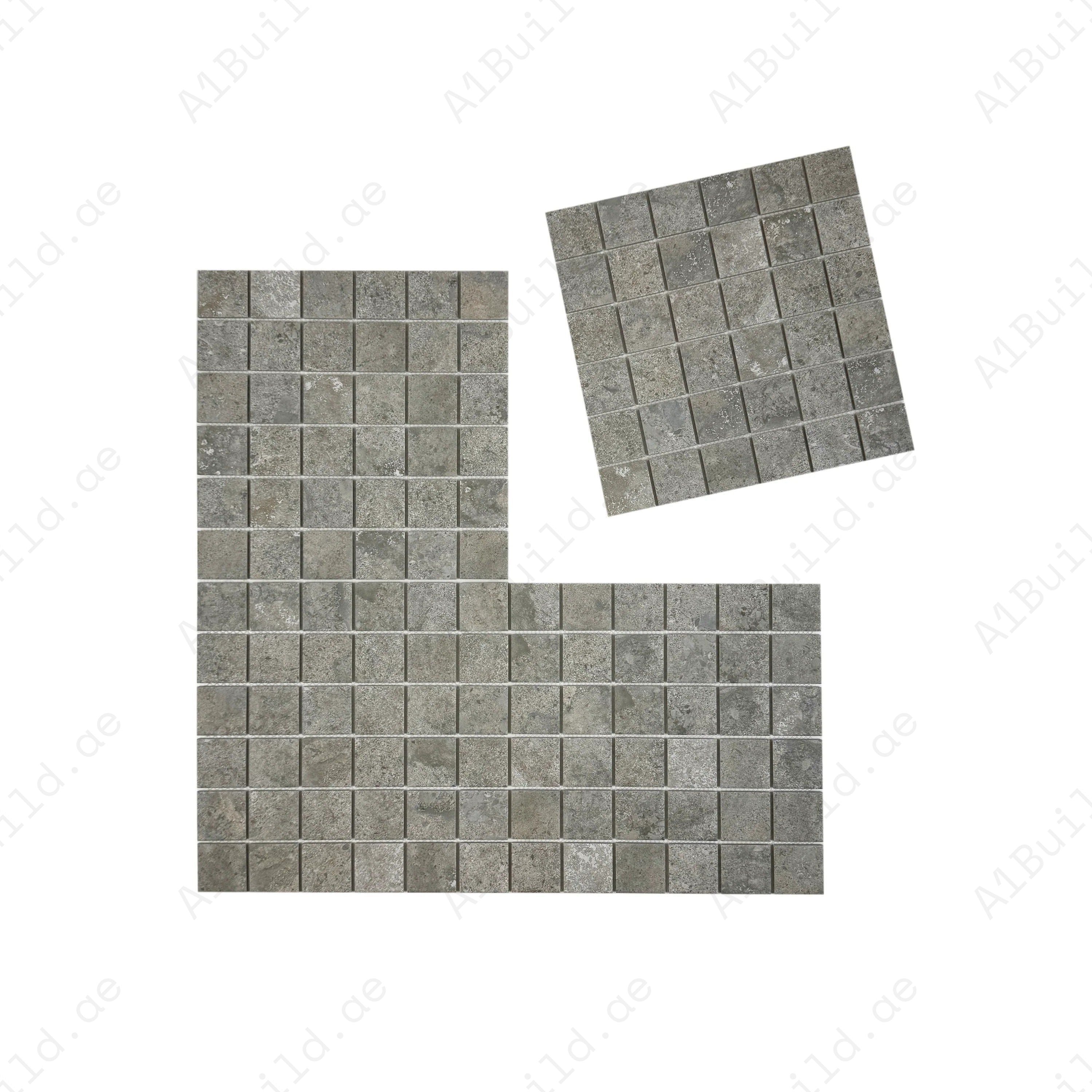 Premium medium grey porcelain mosaic tiles for Dubai pools and spas. Slip-resistant, UV-stable, eco-friendly, designed for lasting style, safety, and durability.