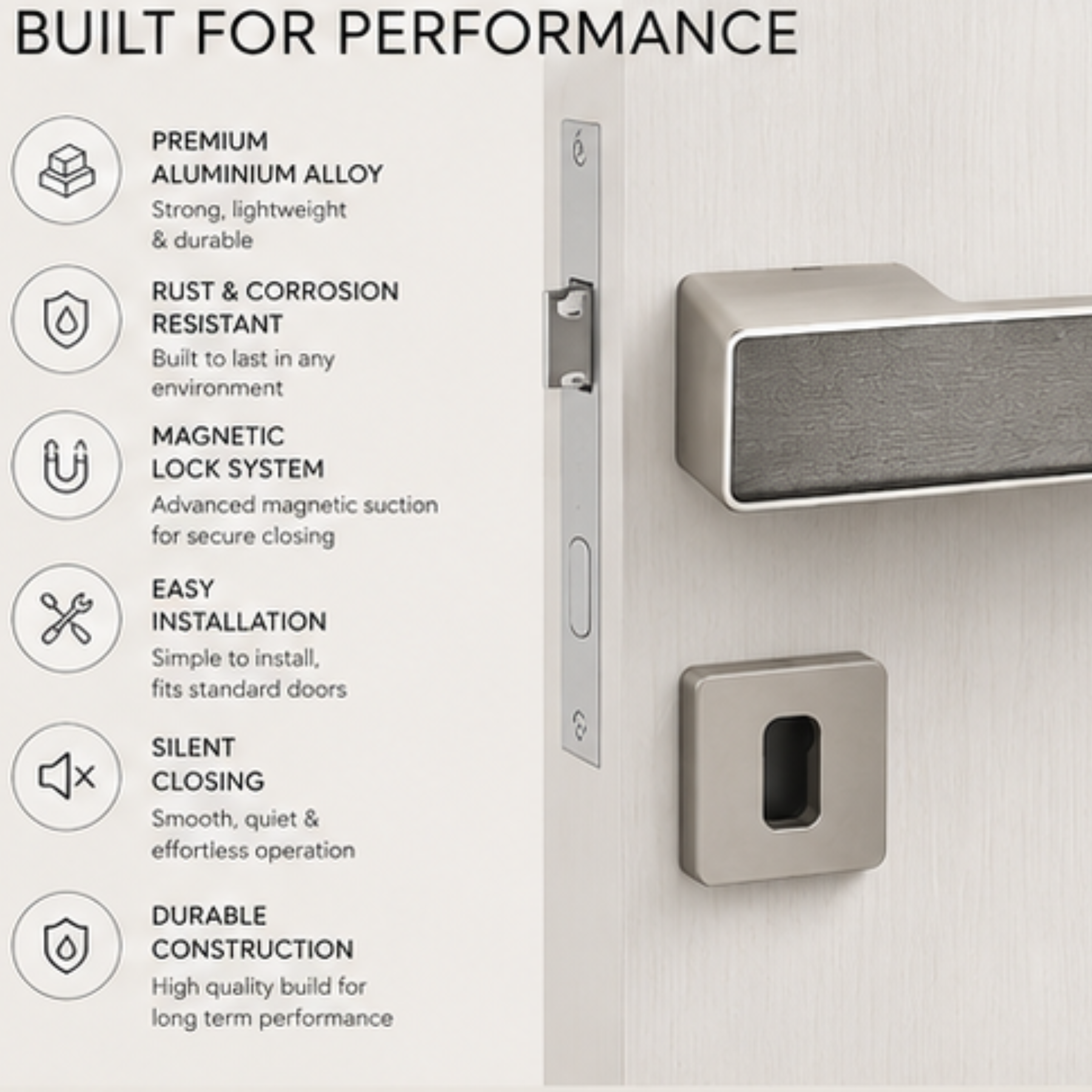 Premium minimalist magnetic door handle made from Aluminium alloy with smooth silent operation and modern design for luxury interiors.