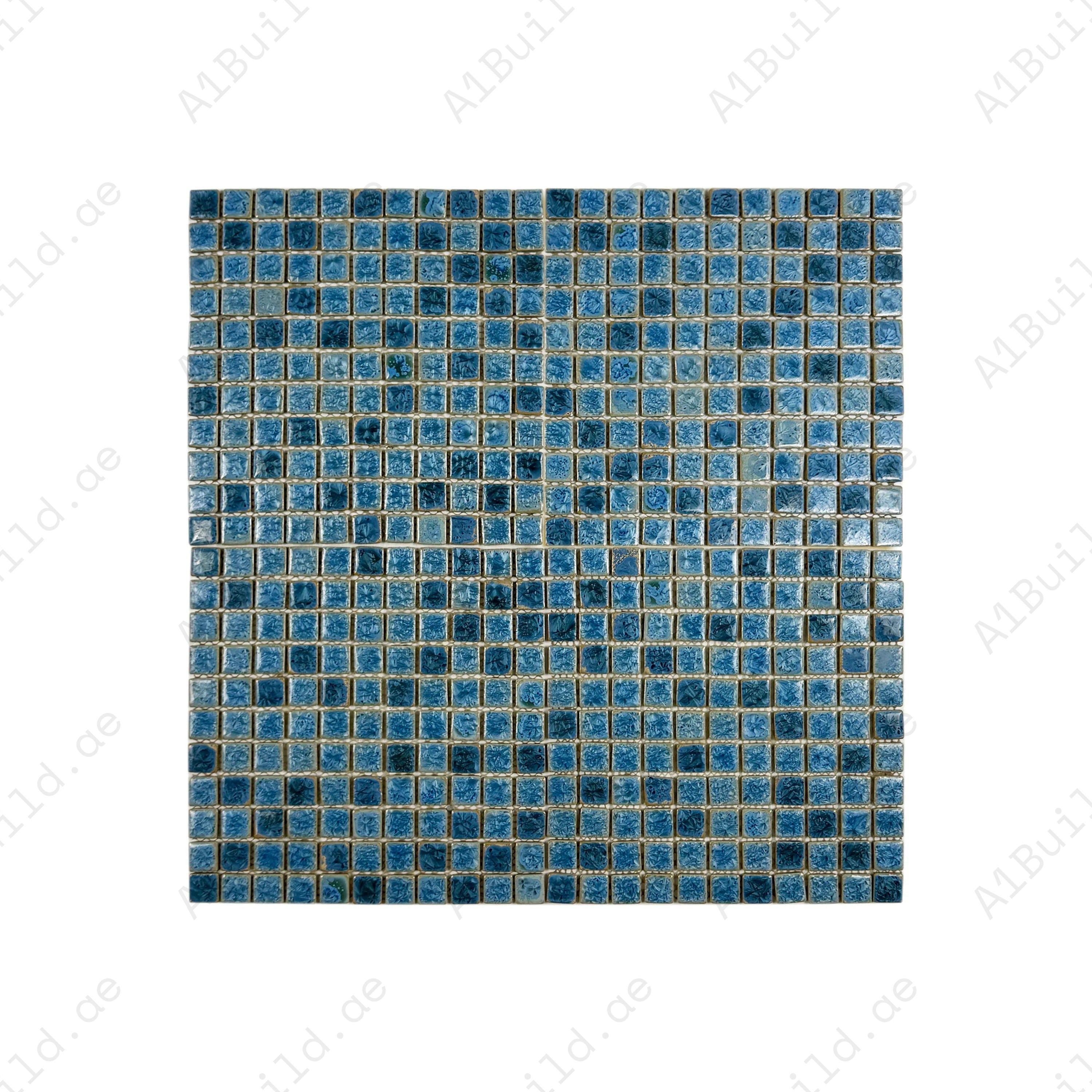 Premium sapphire & Yale blue porcelain mosaic with ice crack texture. Durable, slip-resistant, ideal for walls, backsplashes, and interior feature designs.