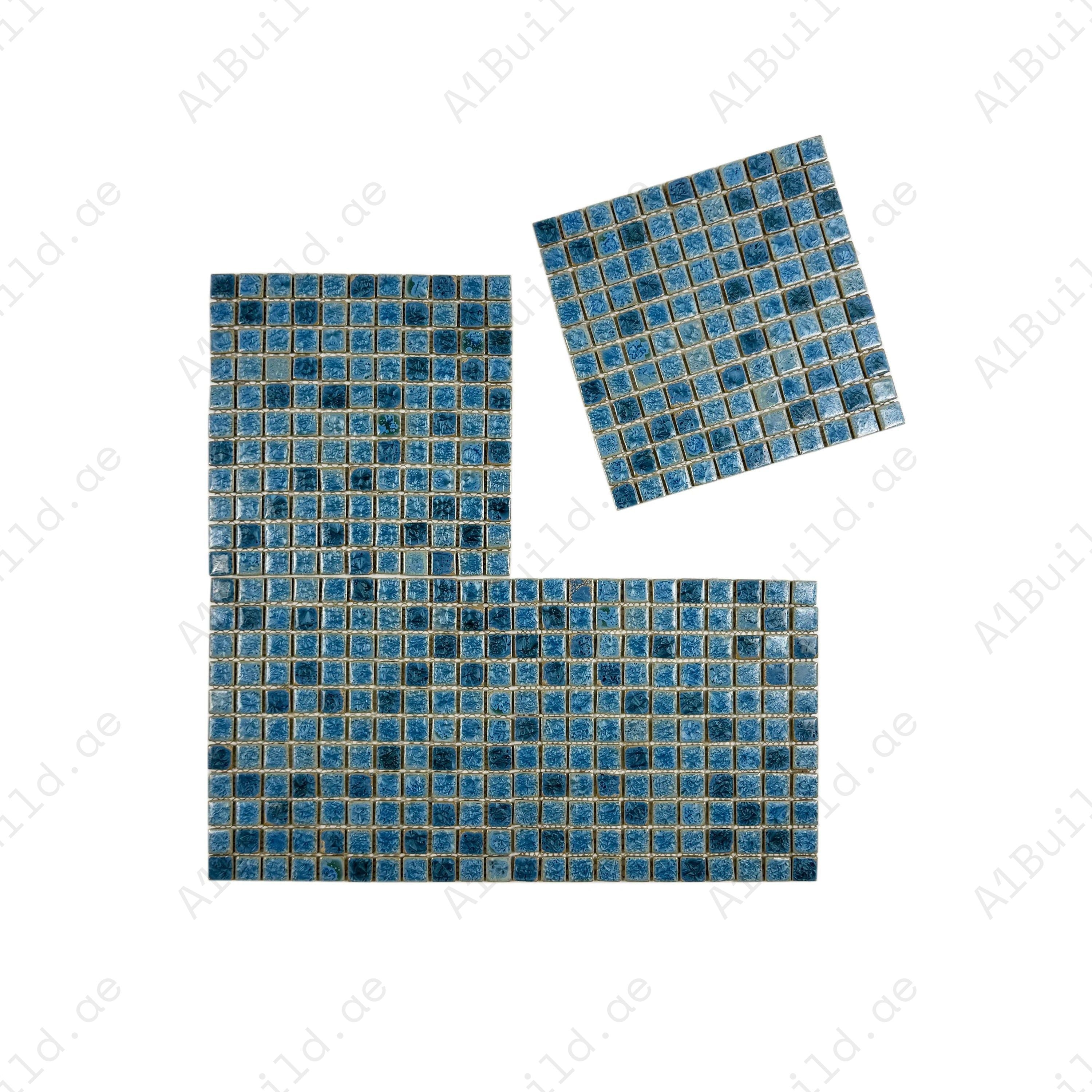 Premium sapphire & Yale blue porcelain mosaic with ice crack texture. Durable, slip-resistant, ideal for walls, backsplashes, and interior feature designs.