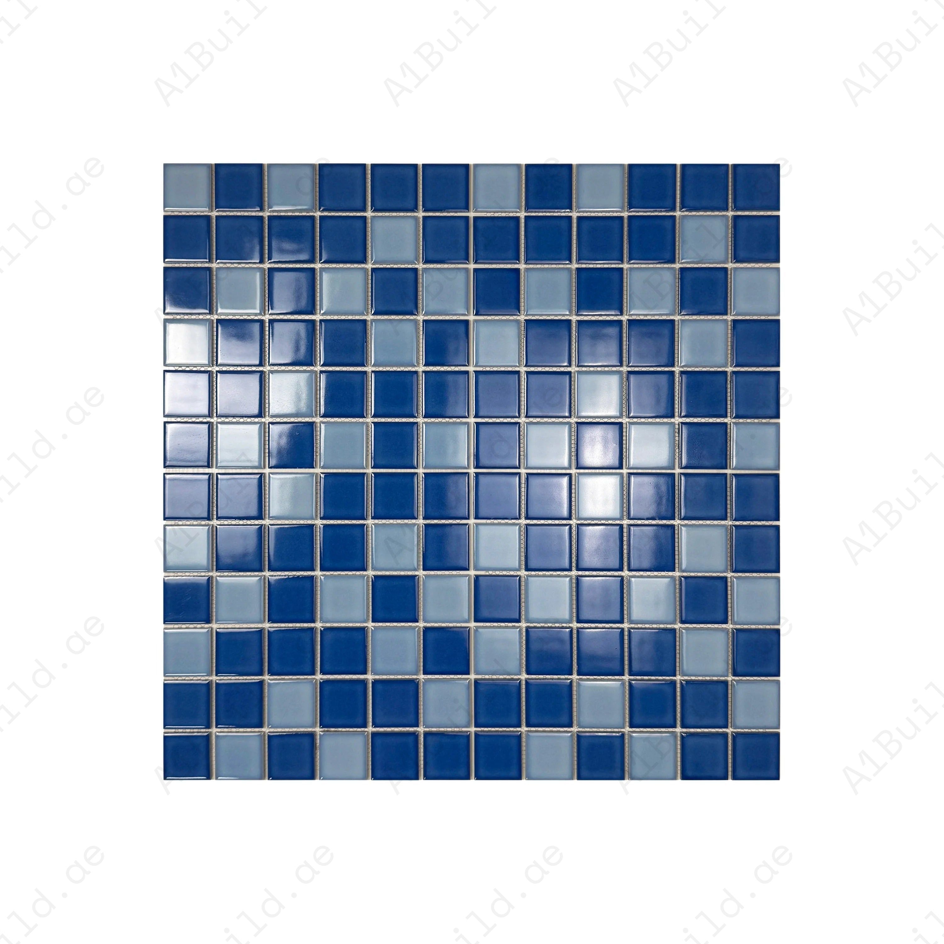 Premium sky & cobalt blue porcelain pool mosaic tiles with slip resistance, UV stability & eco-safe design. Perfect for luxury pools, spas & water walls.
