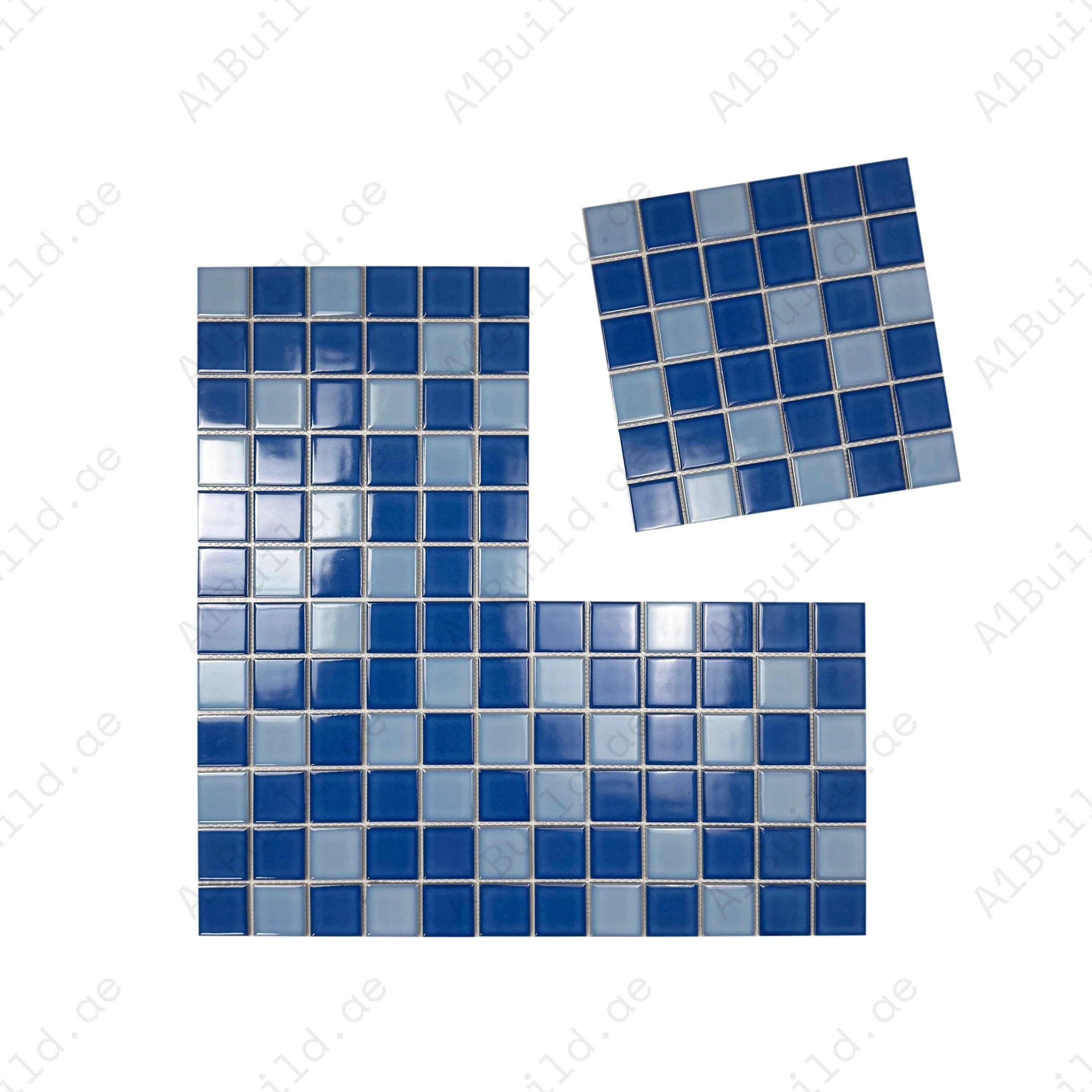 Premium sky & cobalt blue porcelain pool mosaic tiles with slip resistance, UV stability & eco-safe design. Perfect for luxury pools, spas & water walls.
