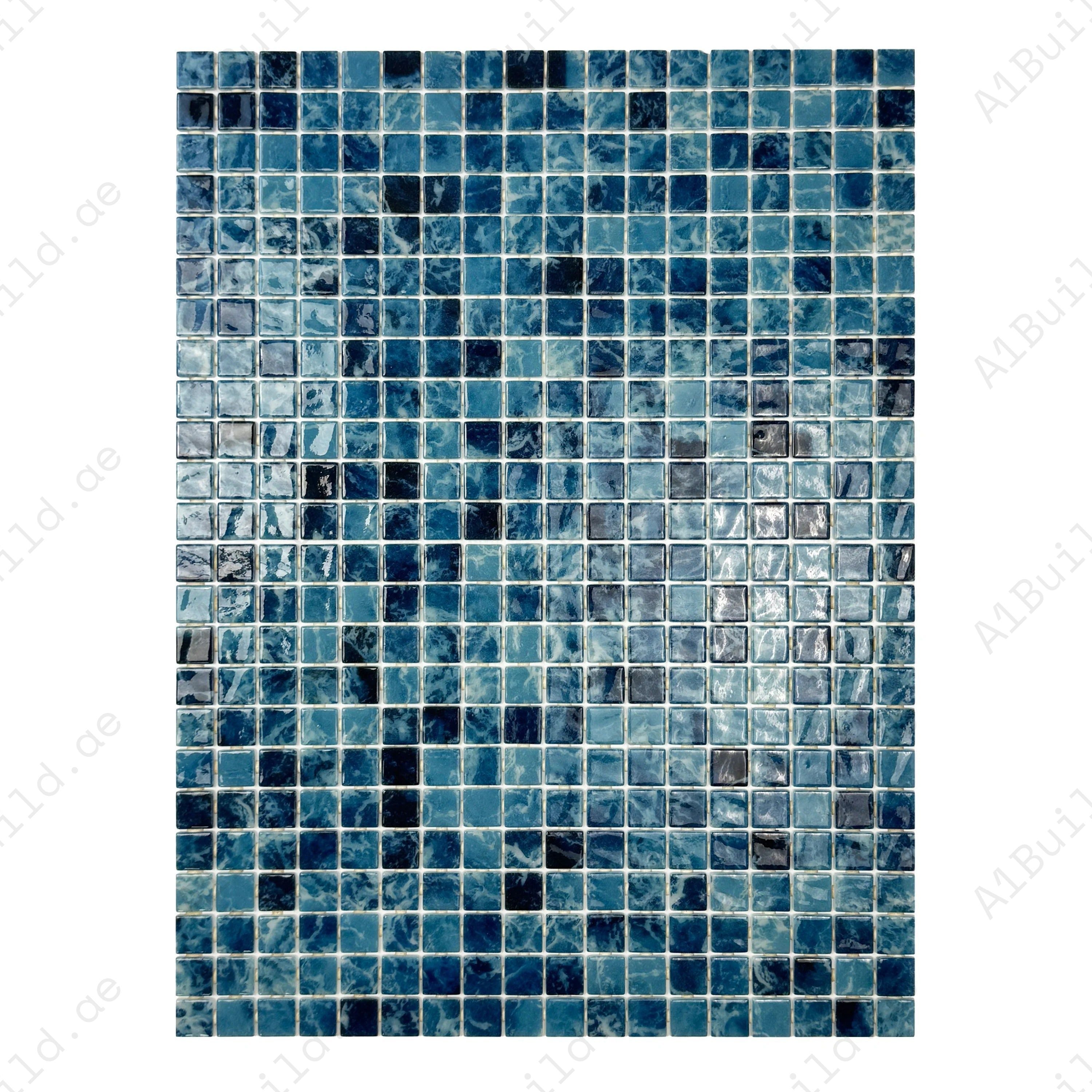 Premium teal blue recycled glass mosaic with elegant streaked texture, UV and slip-resistant, ideal for pools, spas, water features & outdoor luxury spaces.