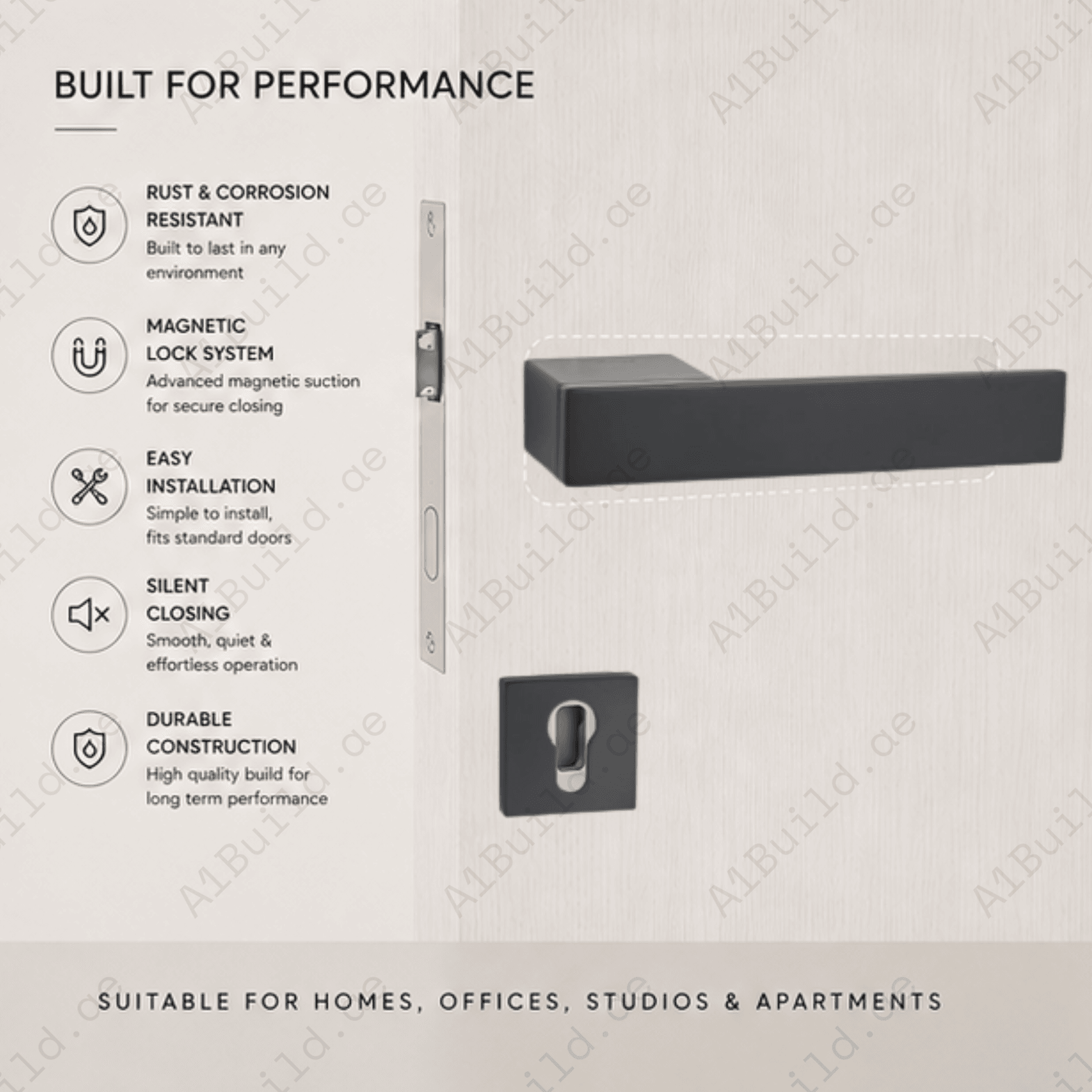 Premium zinc alloy minimalist door handle RH.9693 with black and satin finishes, designed for modern interiors, hotels, offices, and luxury homes.