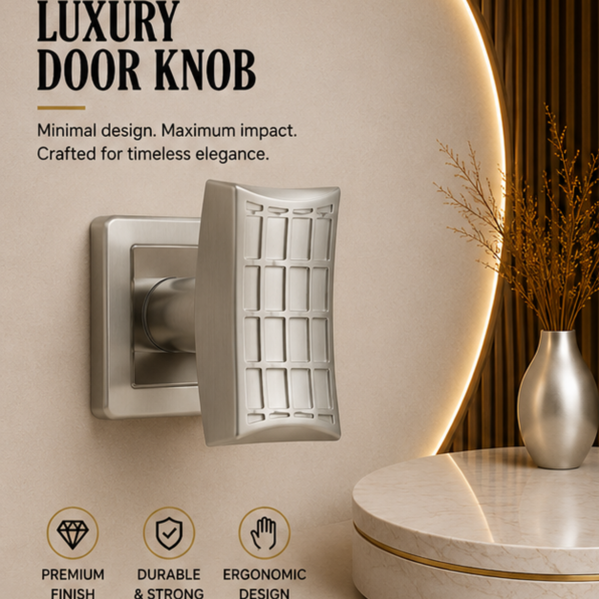 RH.G23.SNCP.R6 premium ball lock door knob in Satin Nickel Chrome Plated. 53 mm knob, 65 mm projection and a 50 mm square rose. Designed for elegant interiors, comfortable grip and reliable everyday performance.