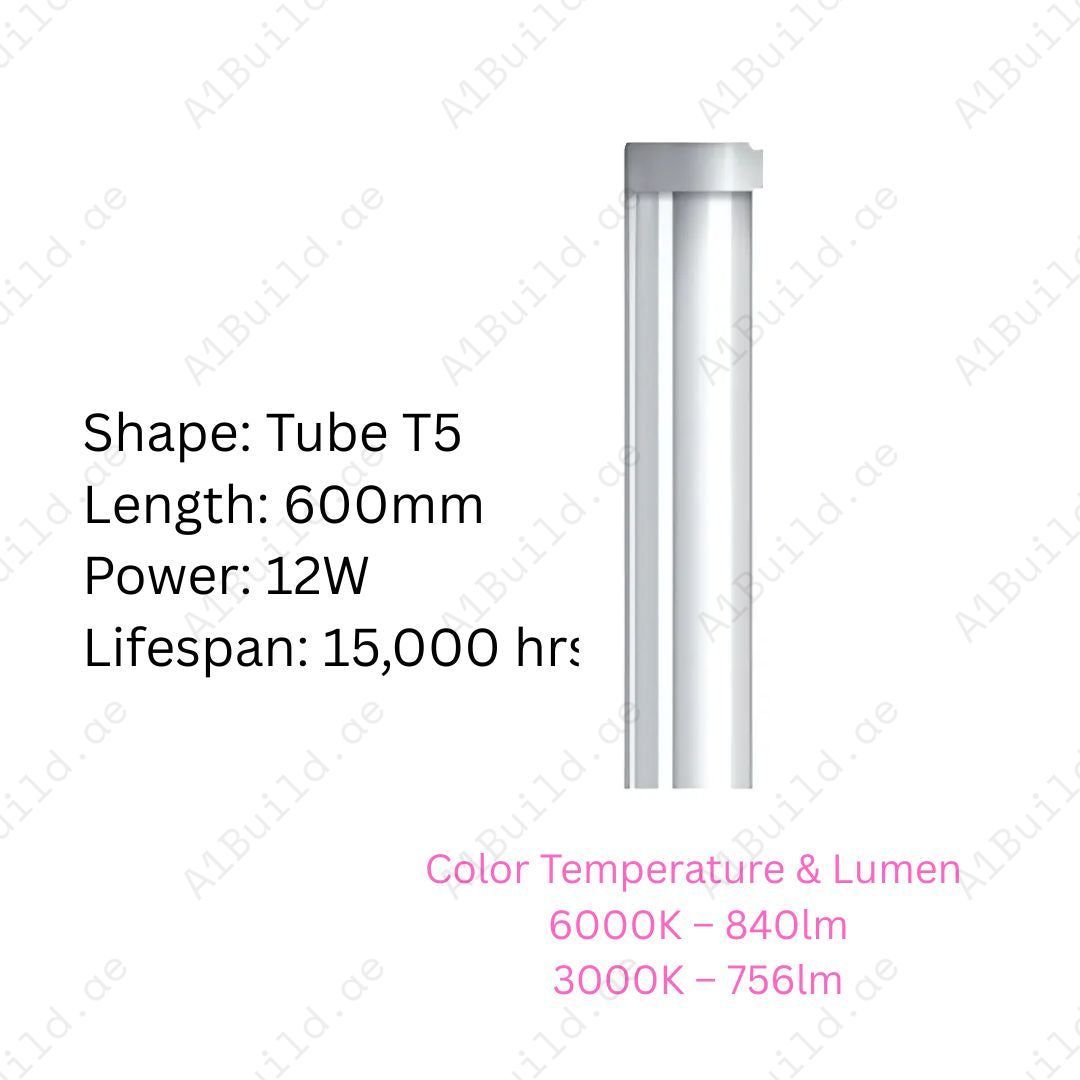 Rashed 12W T5 LED Tube, 600mm length, 840lm (6000K) & 756lm (3000K). Energy-saving indoor tube with 15,000hrs lifespan and 80% power saving.