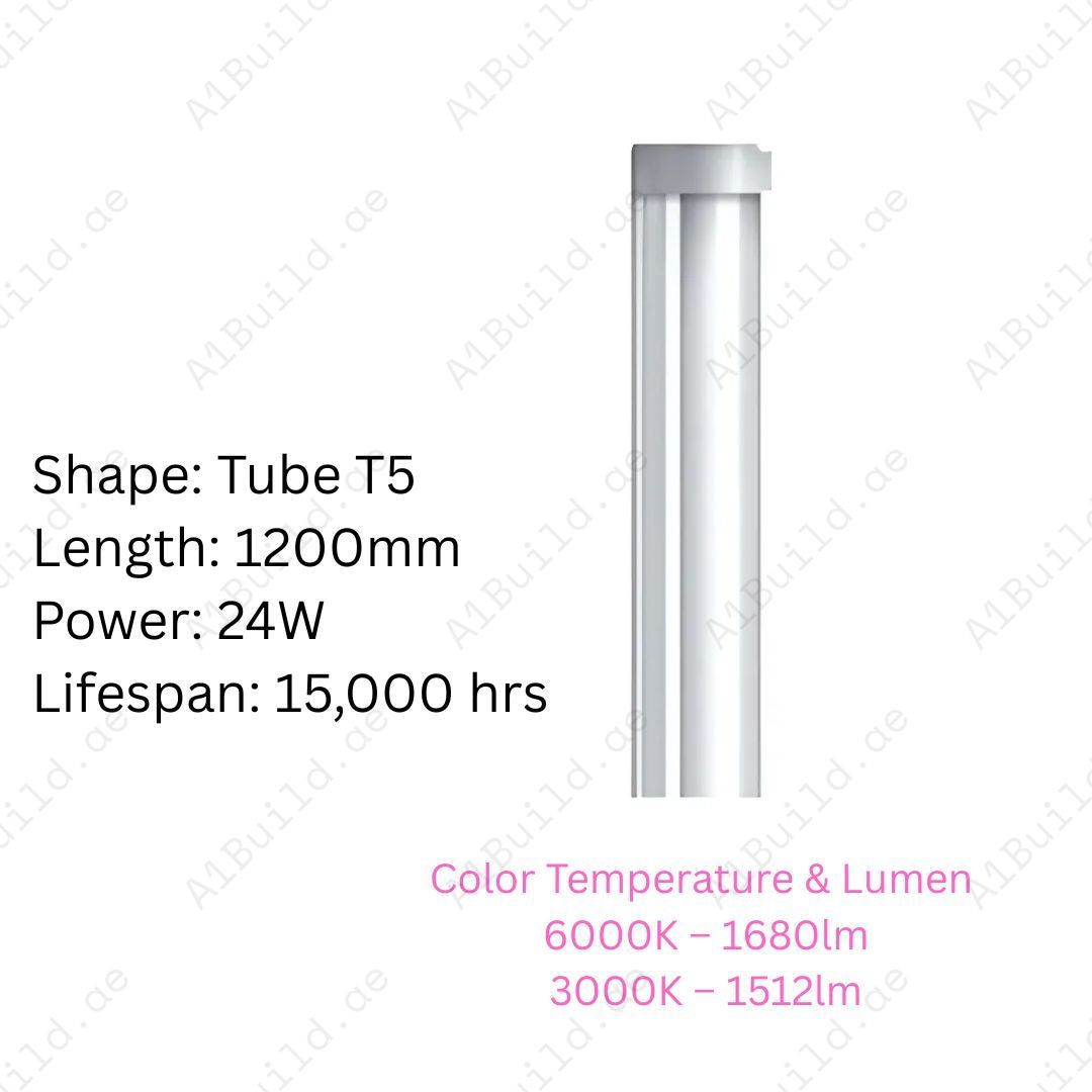 Rashed 24W T5 LED Tube, 1200mm length, 1680lm (6000K) & 1512lm (3000K). Energy-saving indoor tube with 15,000hrs lifespan and 80% power saving.