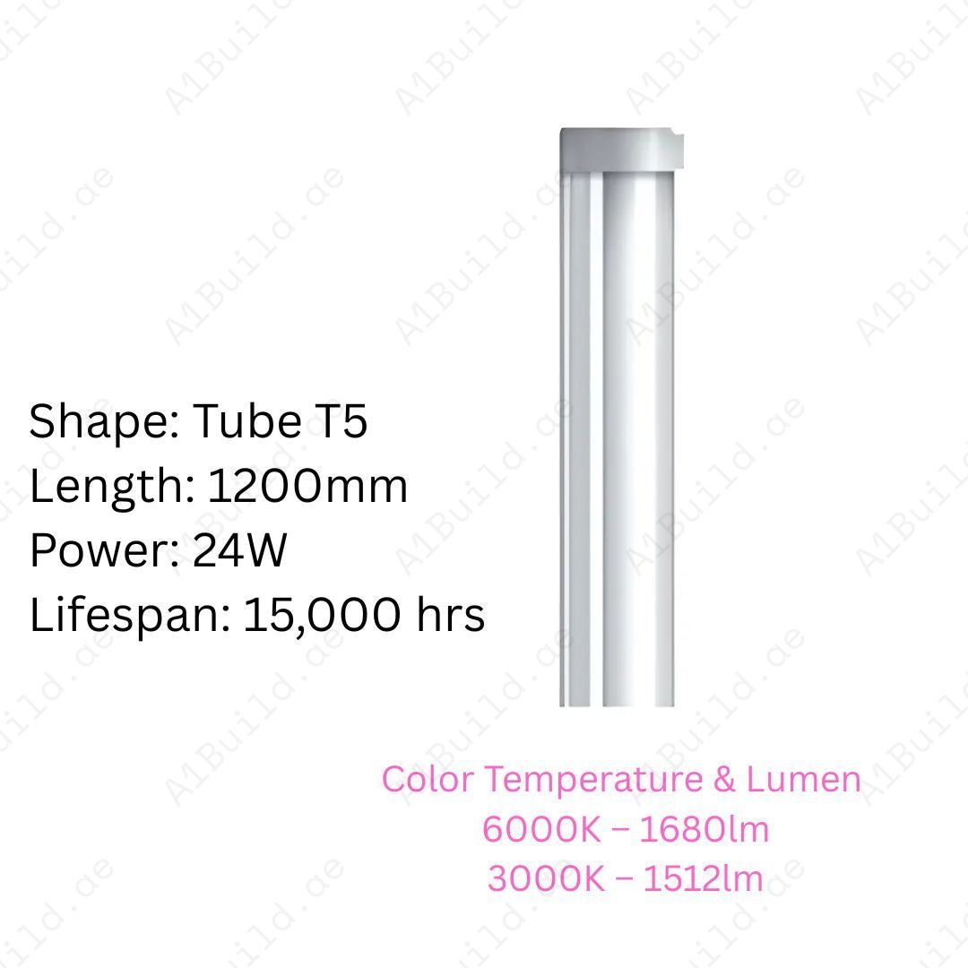 Rashed 24W T5 LED Tube, 1200mm length, 1680lm (6000K) & 1512lm (3000K). Energy-saving indoor tube with 15,000hrs lifespan and 80% power saving.