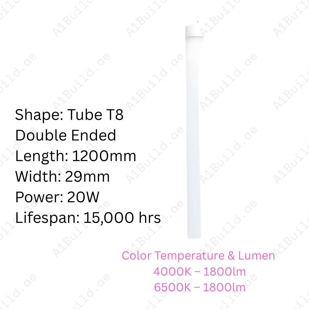 Rayan 20W T8 Double Ended LED Tube, 1800lm, 4000K/6500K. Energy-saving indoor light with 15,000hrs lifespan, perfect for offices & homes.