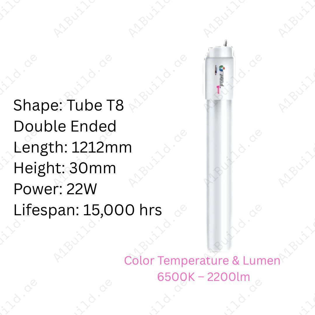 Rayan 22W T8 Double Ended LED Tube, 2200lm, 6500K. Energy-saving indoor light with 15,000hrs lifespan, ideal for homes, offices & commercial spaces.