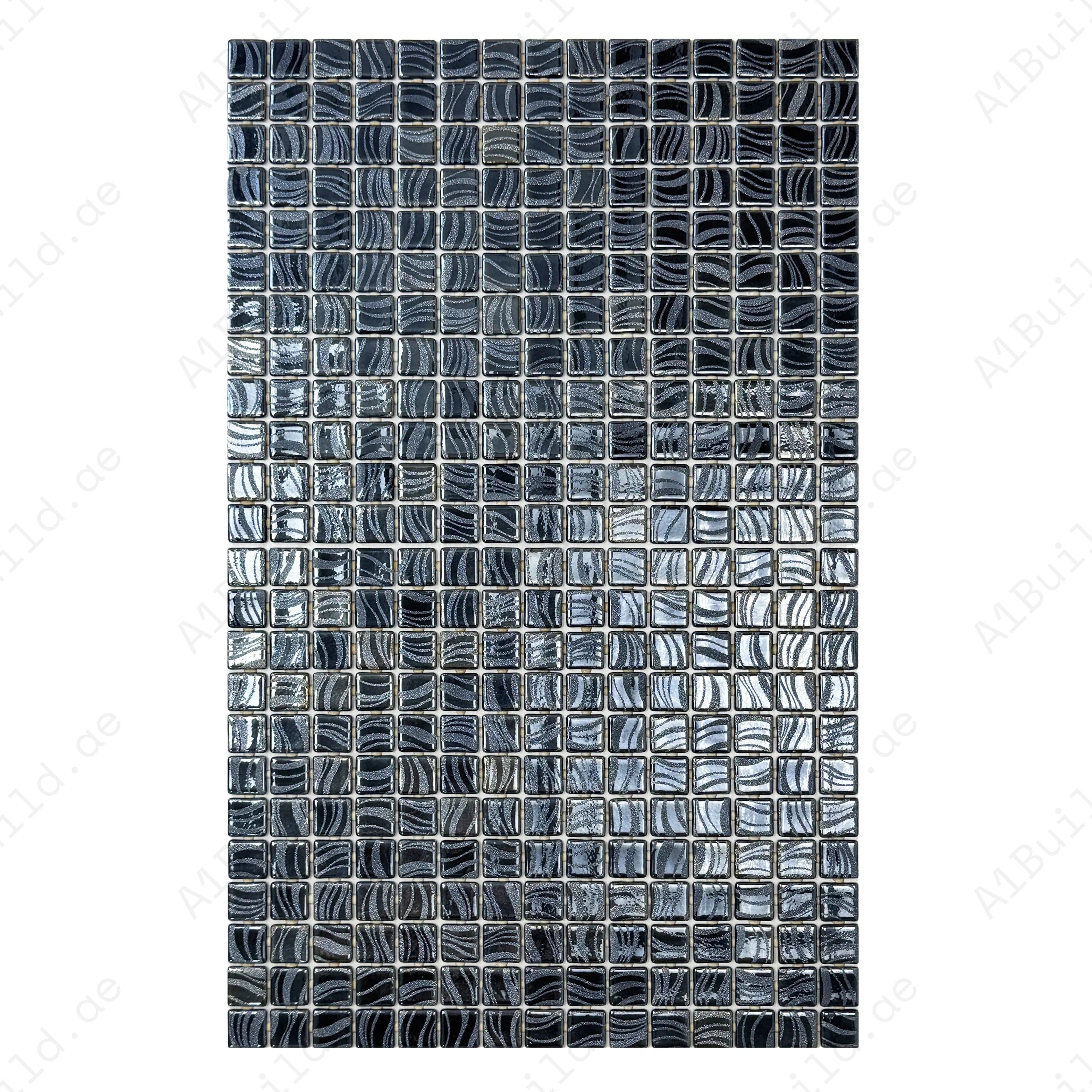 Recycled glass mosaic in iron grey & ash grey with shiny streaks and swirls. Slip-resistant, UV & corrosion-resistant—perfect for pools, spas & walls.