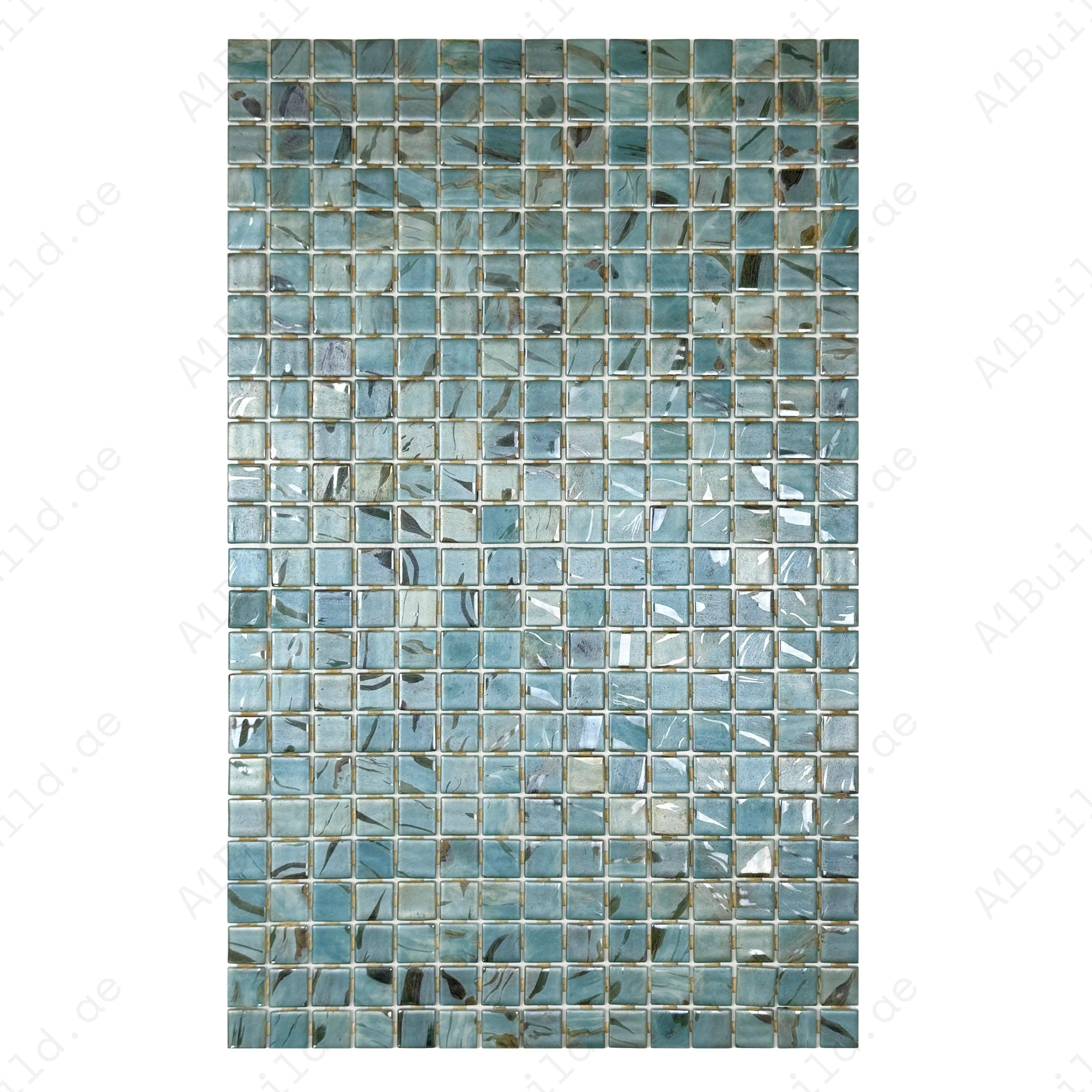 Recycled glass mosaic in light blue, Nile blue & coffee brown with streaked texture. UV-resistant, slip-proof & durable—ideal for pools, spas & feature walls.