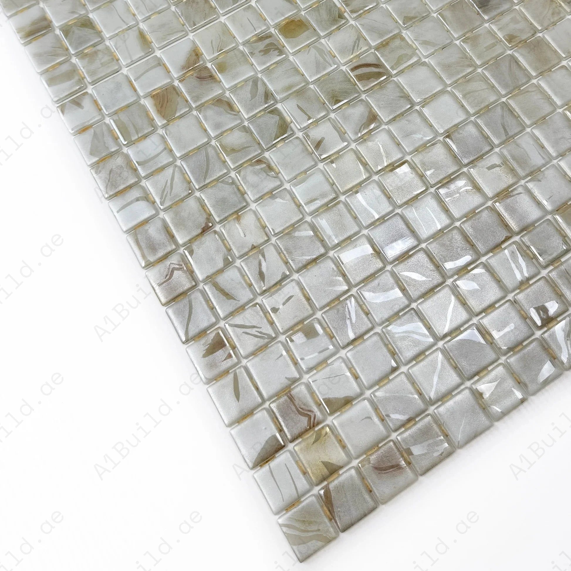 Recycled glass mosaic in off white, beige & light tan streaks. UV-resistant, slip-proof & durable—perfect for pools, spas, water features & wall décor.