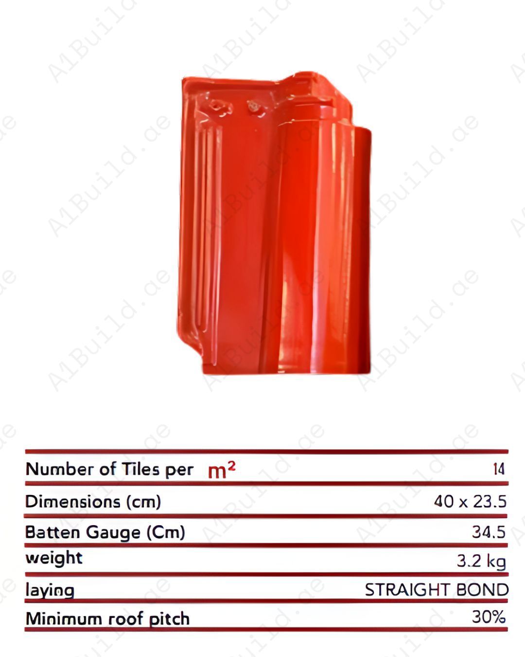 Red ceramic roof tile 41.5×28.4 cm. Terracotta style, UV resistant, waterproof, and perfect for classic or heritage homes.