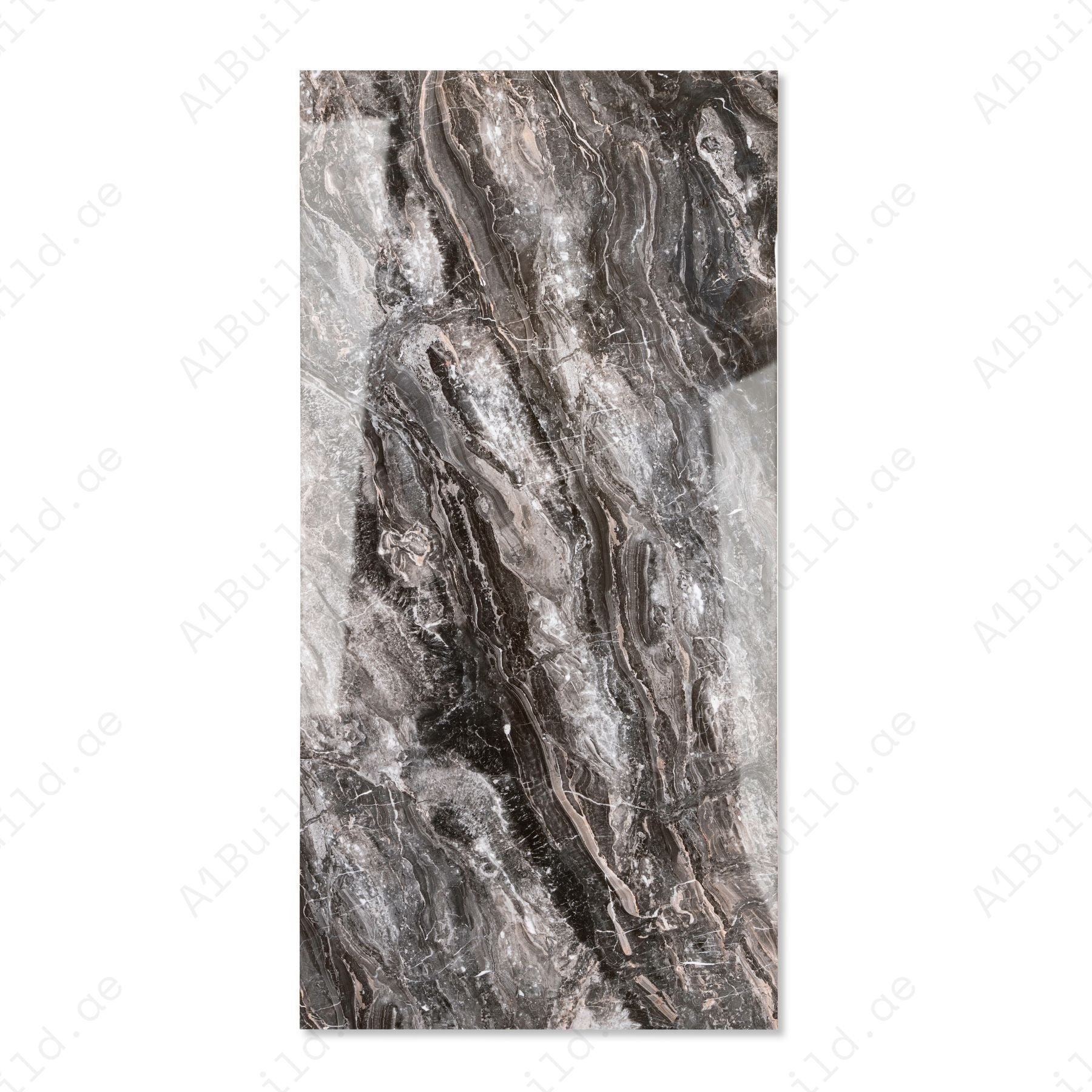 Royal Obsidian glossy porcelain tile 60x120cm with 9mm thickness features deep black tones, bold natural veining and elegant polished surface finish.