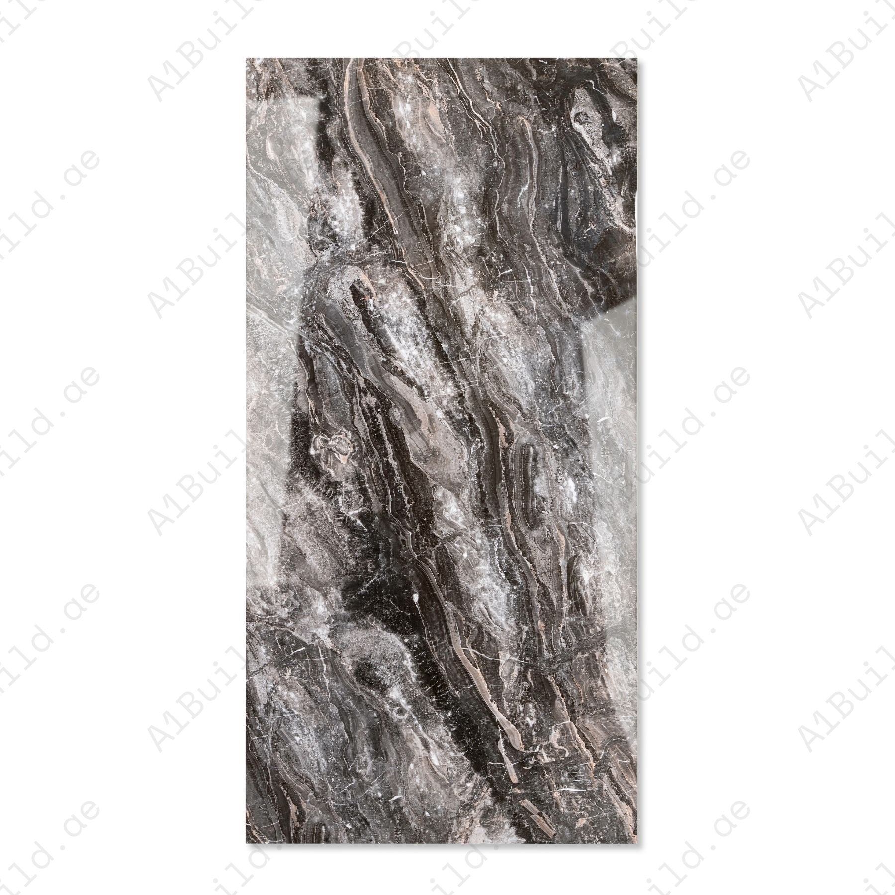 Royal Obsidian glossy porcelain tile 60x120cm with 9mm thickness features deep black tones, bold natural veining and elegant polished surface finish.