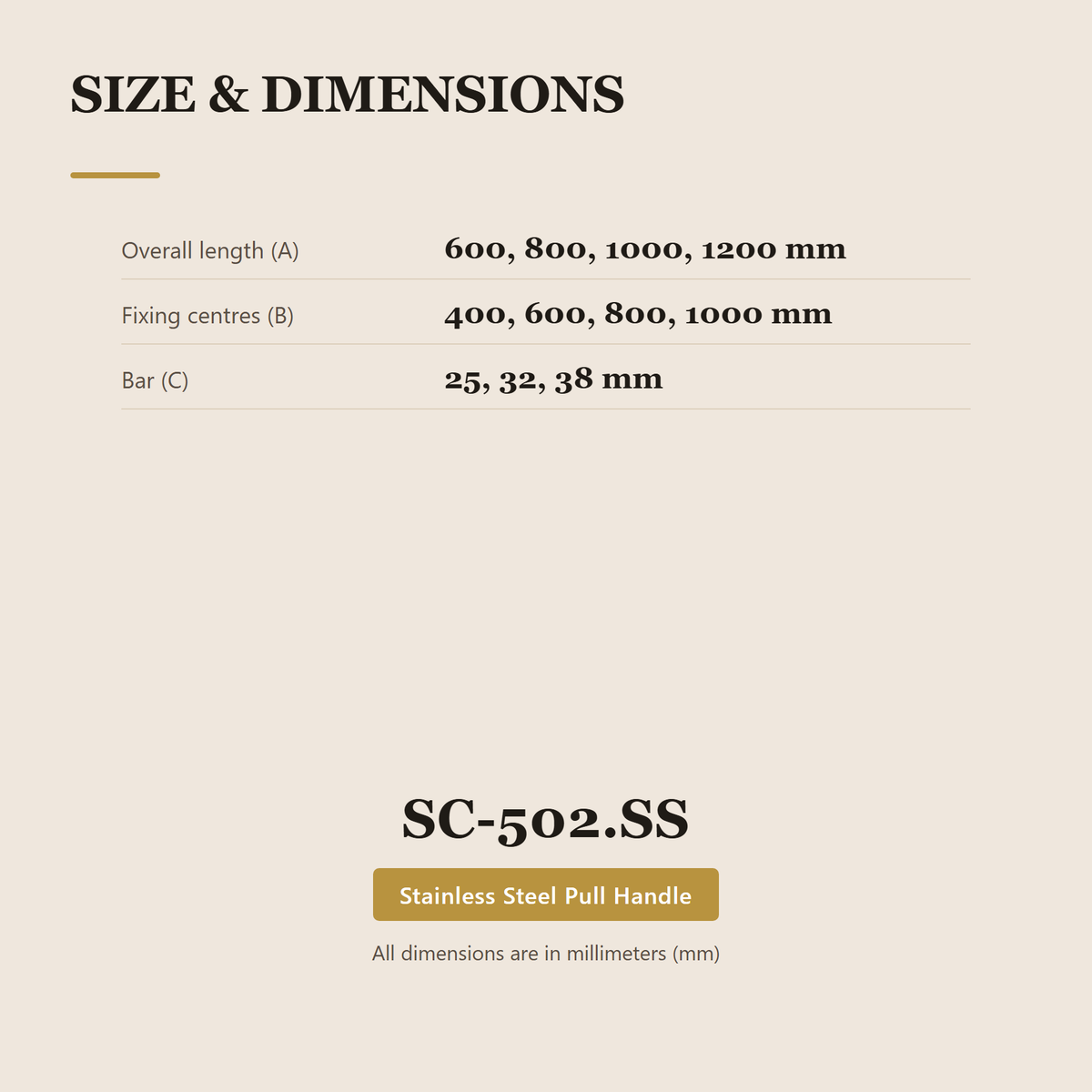 SC-502.SS premium stainless steel pull handle from the Stainless Steel Door Lock Series. 600, 800, 1000, 1200 mm lengths, 400, 600, 800, 1000 mm centres, Ø25 / Ø32 / Ø38 mm section. Built for smooth, reliable everyday use.