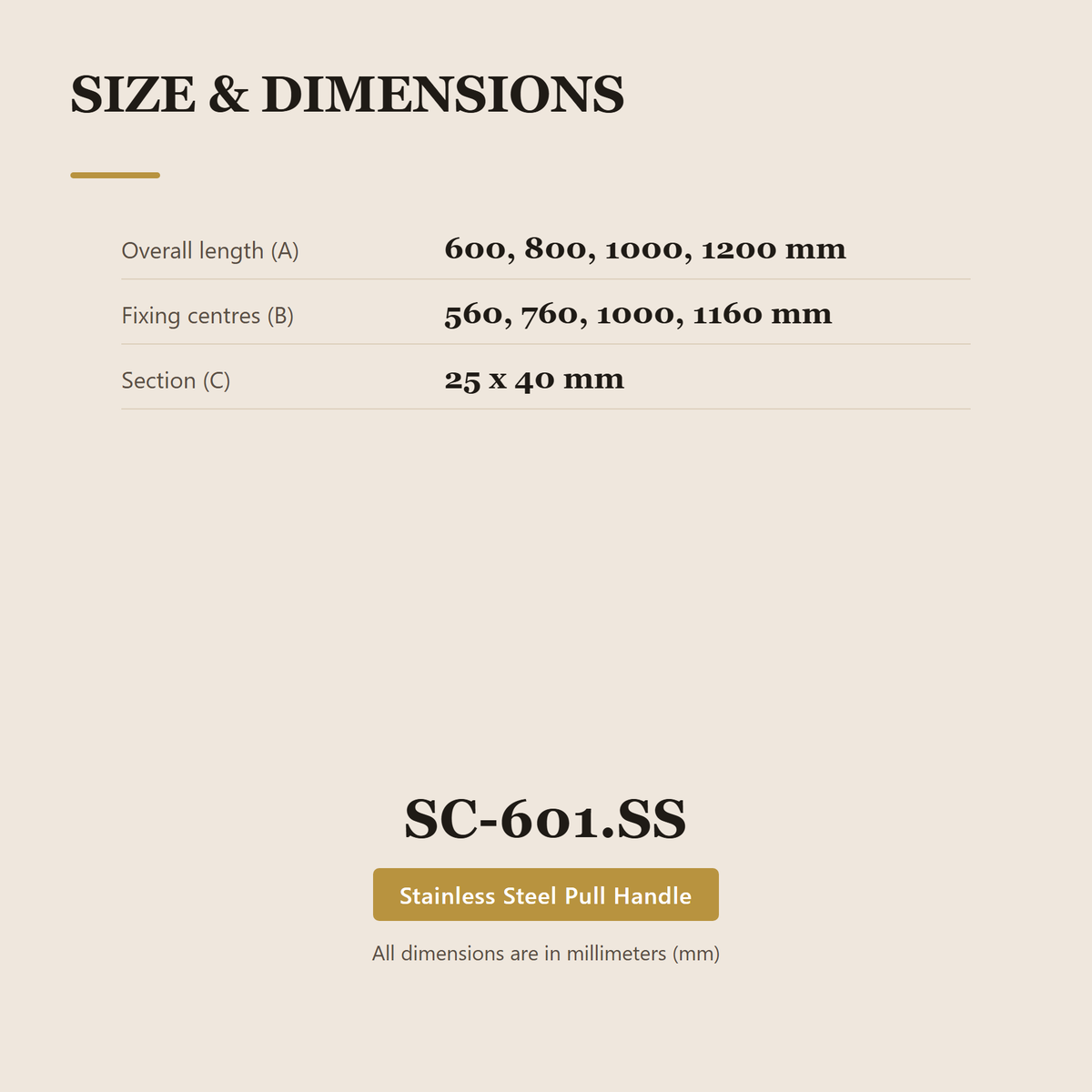 SC-601.SS premium stainless steel pull handle from the Stainless Steel Door Lock Series. 600, 800, 1000, 1200 mm lengths, 560, 760, 1000, 1160 mm centres, 25 × 40 mm section. Built for smooth, reliable everyday use.
