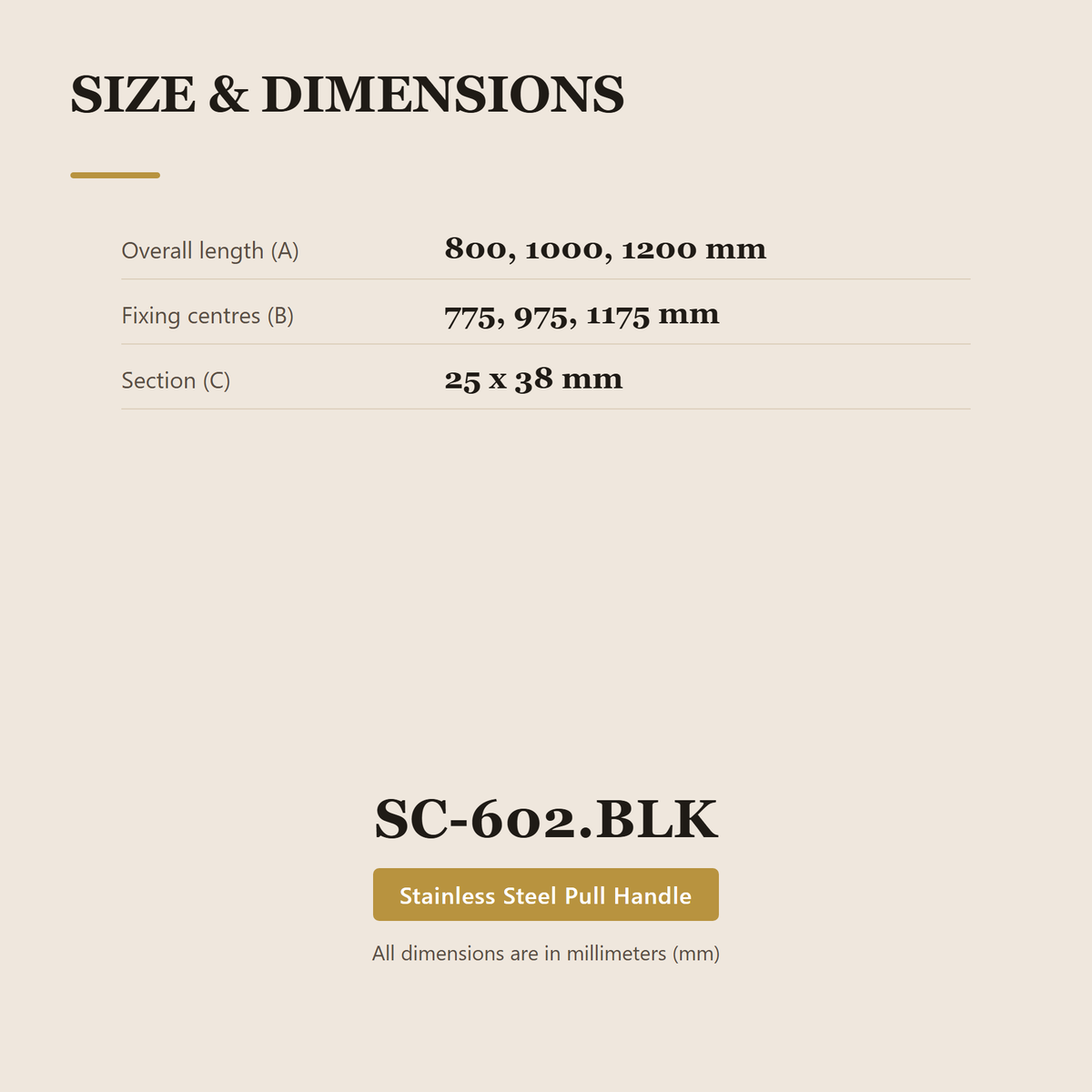 SC-602.BLK premium stainless steel pull handle from the Stainless Steel Door Lock Series. 800, 1000, 1200 mm lengths, 775, 975, 1175 mm centres, 25 × 38 mm section. Built for smooth, reliable everyday use.