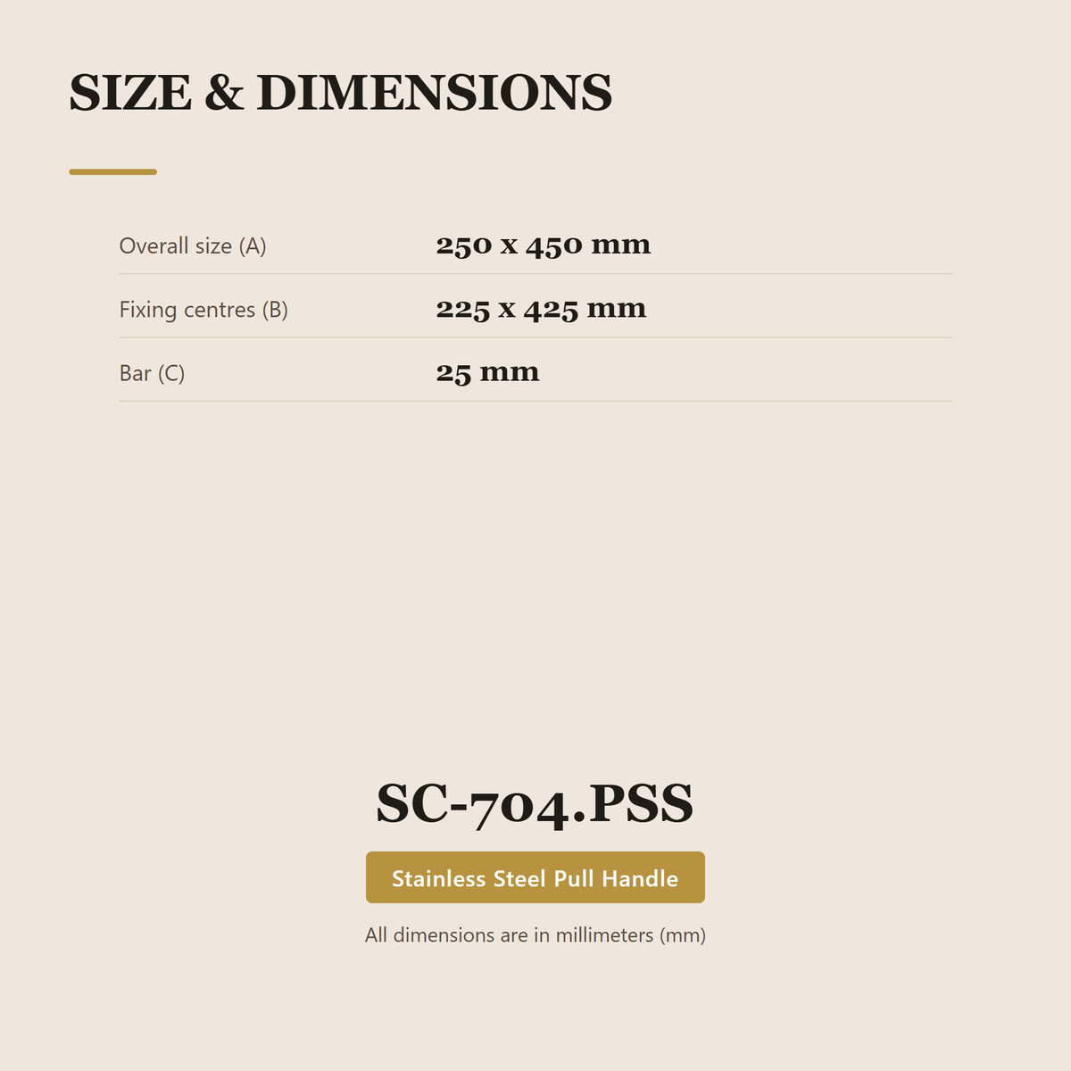 SC-704.PSS premium stainless steel pull handle from the Stainless Steel Door Lock Series. 250 × 450 mm lengths, 225 × 425 mm centres, Ø25 mm section. Built for smooth, reliable everyday use.