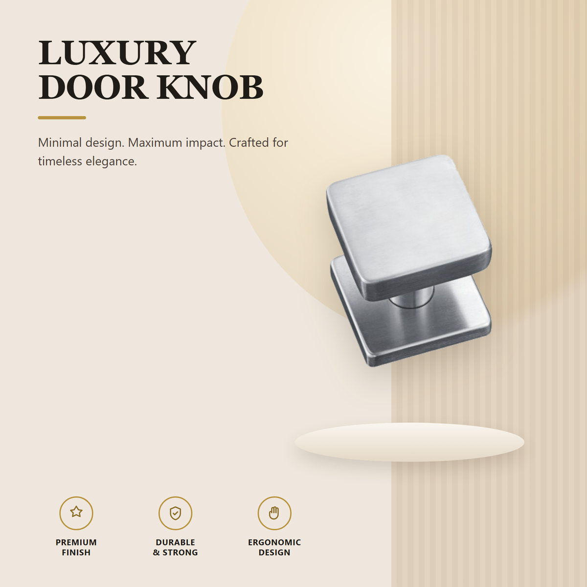 SE-102.SS premium stainless steel door knob from the Stainless Steel Door Lock Series. 53.5 mm square knob standing 49.5 mm proud on a 53 mm square rose. Built for smooth, reliable everyday use.