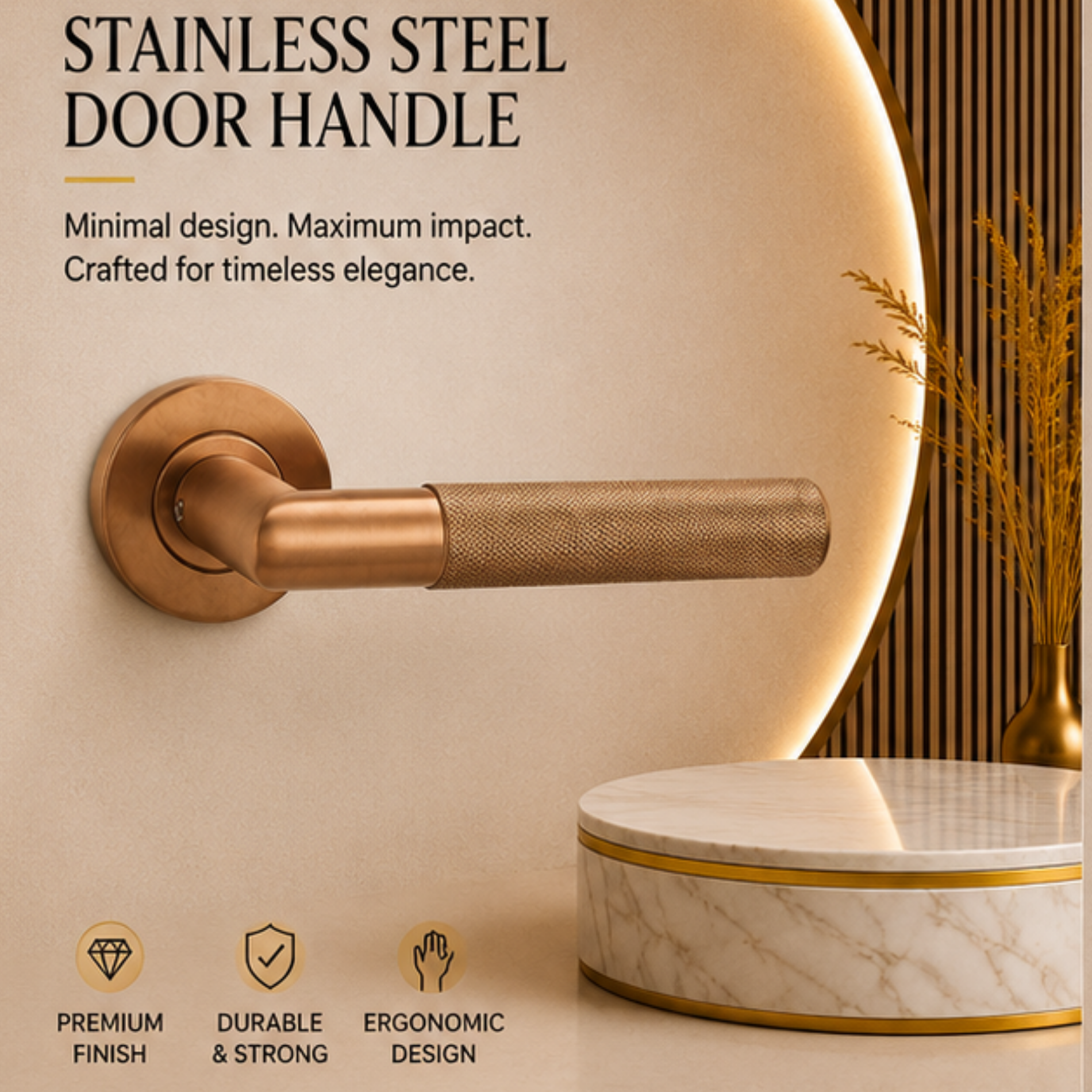 SRH.301 premium stainless steel door lock handle in Rose Gold finish. Luxury architectural hardware for modern homes, hotels, offices, and commercial interiors.