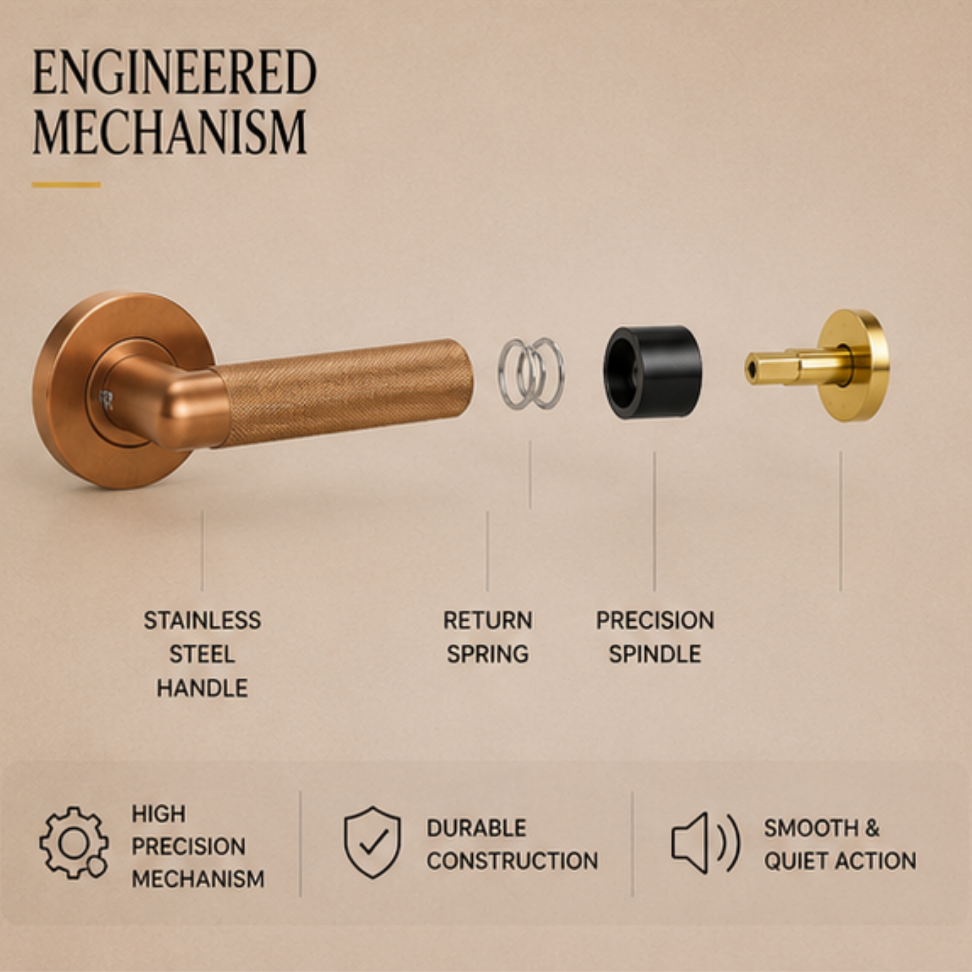 SRH.301 premium stainless steel door lock handle in Rose Gold finish. Luxury architectural hardware for modern homes, hotels, offices, and commercial interiors.